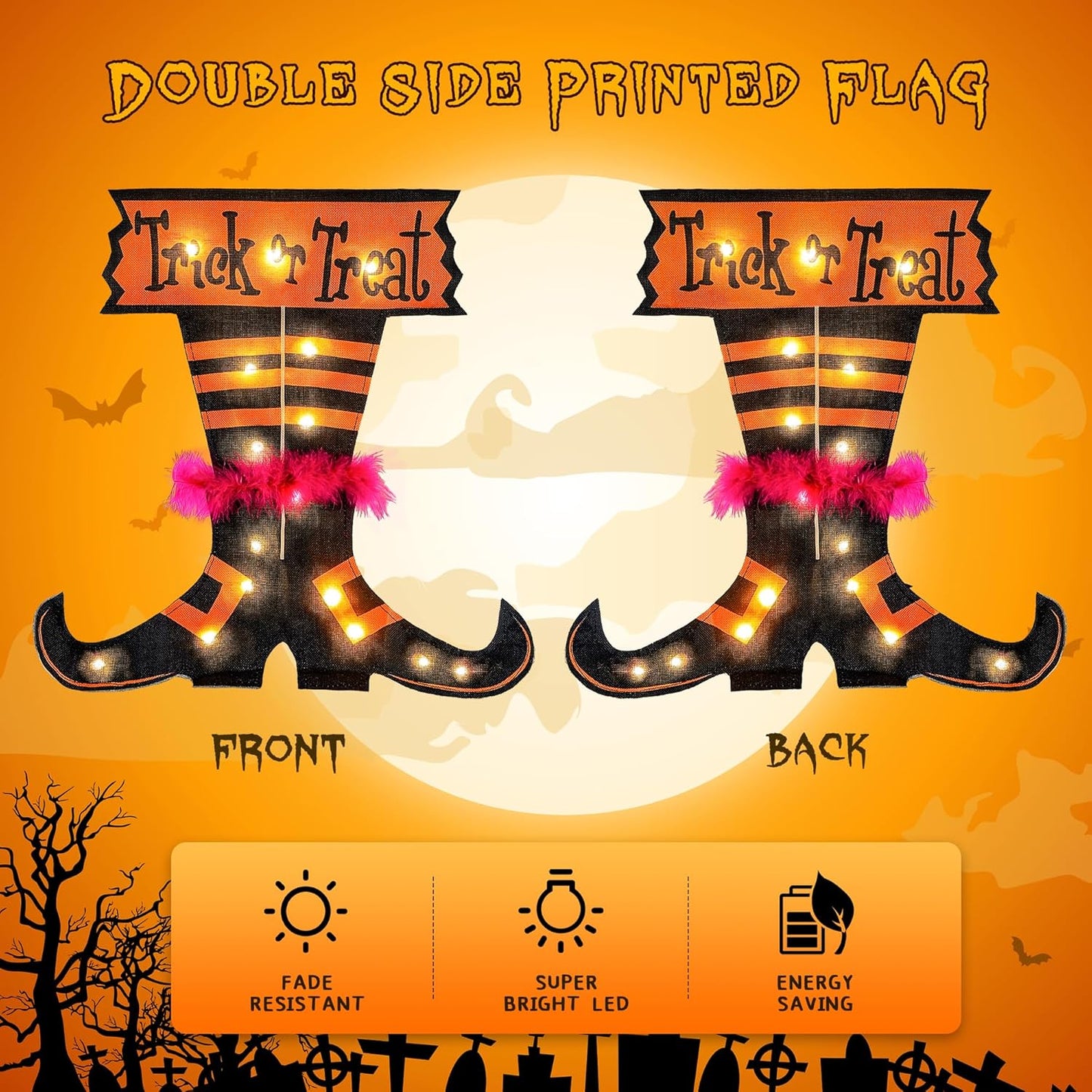 Halloween Trick Or Treat Graden Flag lights without flag pole, Double Sided Witch Feet Flag Banner 17.1*17.2Inch ,16 Warm White LED with 8modes Solar Panel, Decorations for Outdoor,Yard ,Home