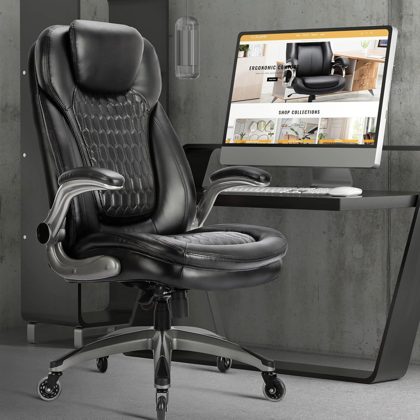 Executive Office Chair-Ergonomic Computer Desk Chair, High Back Leather Chair with Padded Flip-up Arms, Swivel Home Office Chair Upgraded Caster-Black
