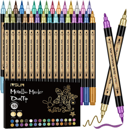 Metallic Marker Pens, 30 Colors Dual Tip Acrylic Paint Pens for Black Paper, Scrapbooking, Photo Album, Rock Painting, Paint Marker for DIY Arts & Crafts, Glass, Wood, Card Making, Scrapbook Supplies