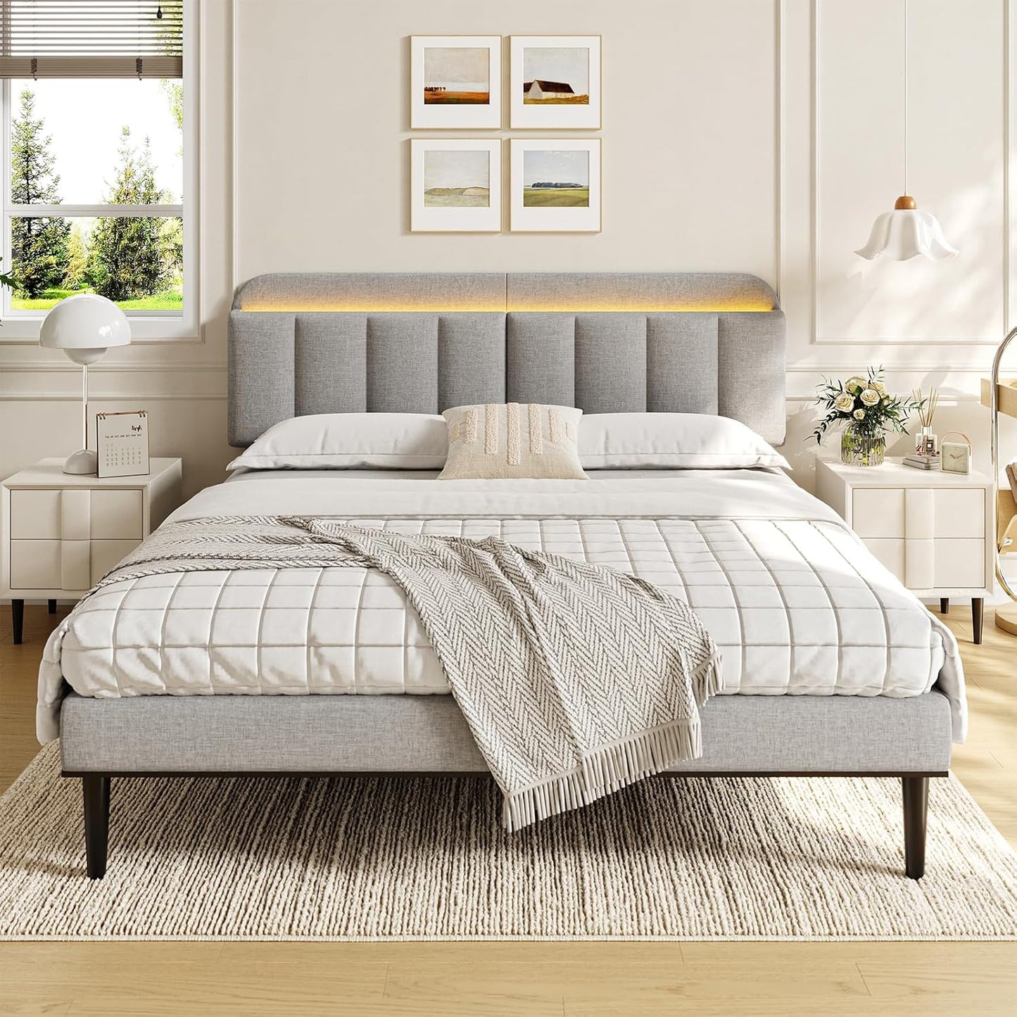 ONBRILL Adjustable Headboard for King/California King Size Bed Frame, Linen Fabric Bed Headboard with Storage & RGB LED Light in Modern Vertical Channel Design, Light Grey