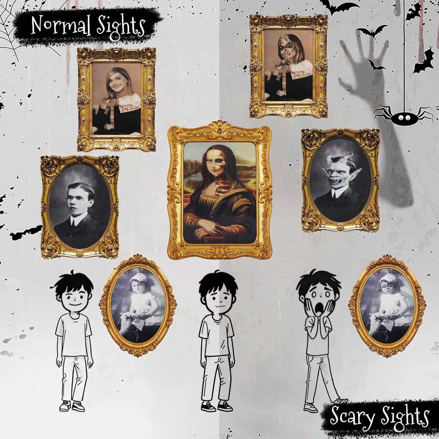 ECGER Halloween Decorations Indoor, Haunted Scary Decor - 3D Changing Face Pictures, Vintage Moving Wall Portraits Frame, For Horror Spooky Party Mansion Castle House Home Decoration(4 Pieces)