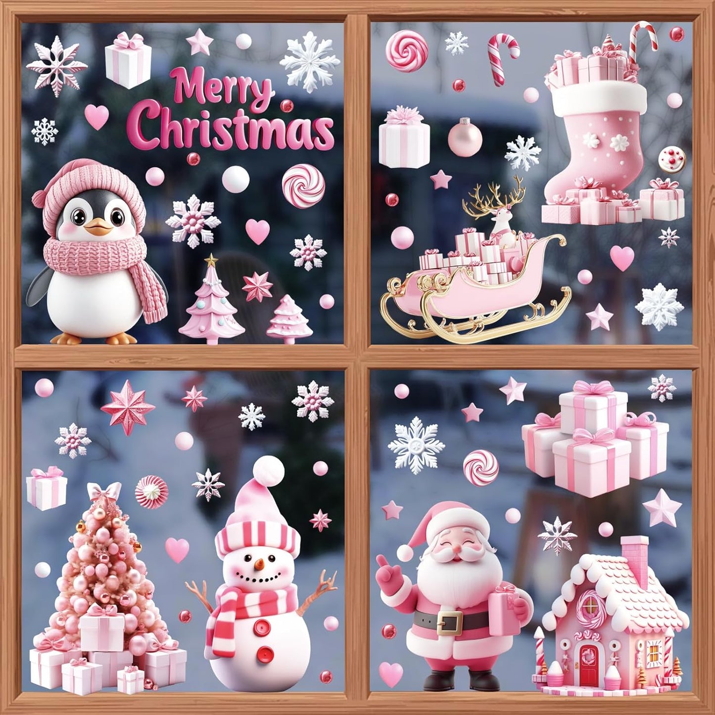 Christmas Window Clings Stickers, 9 Sheets Pink Santa Snowman Penguin Snowflake Christmas Tree Static Decals for Winter Holiday Decoration