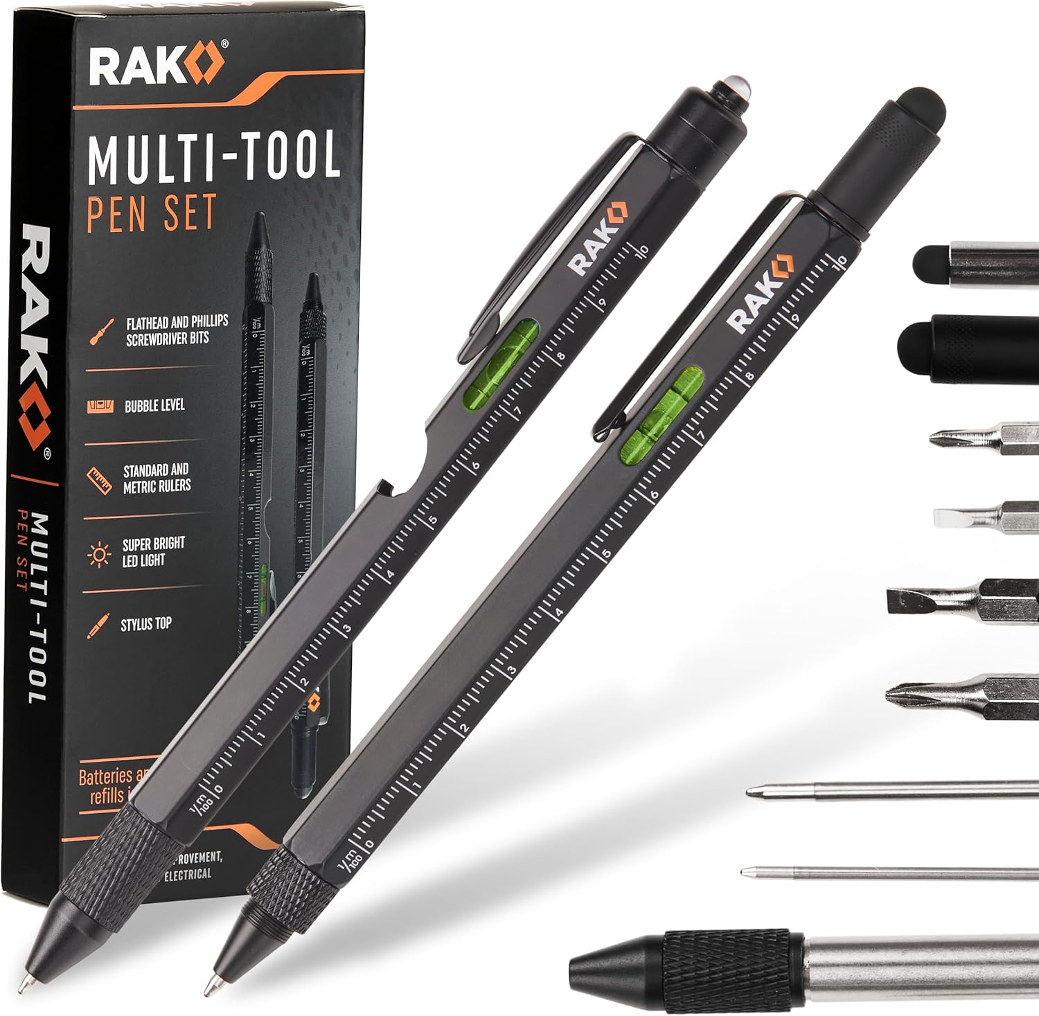 RAK Multitool Pen Gifts for Men, 2-Pack 11 in 1 Multitool Pen Set, Tech Cool Gadgets Stocking Stuffer Holiday Gifts for Dad, Husband, Grandpa, Him, EDC Tactical Pen Tool, Gift-Ready Box