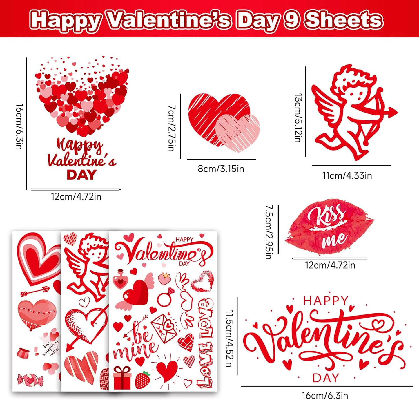 Valentines Day Decorations, 9 Sheets Valentine Window Clings Decor, Red Heart Stickers for Home, Office, Classroom, Romantic Cupid Decals Décor