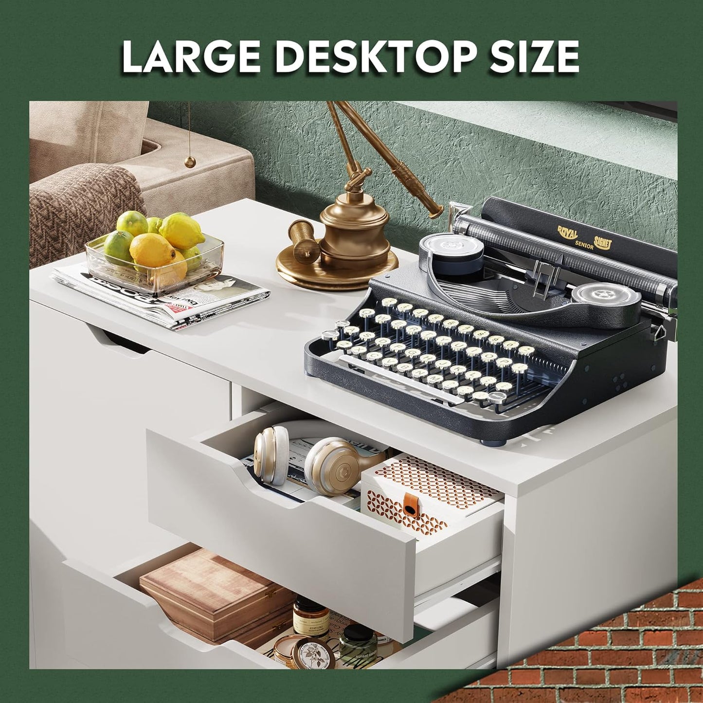 DEVAISE 5-Drawer Wood Drawer Cabinet, Office Storage Cabinet with Adjustable Shelf & Wheels, Printer Stand for Home Office, White