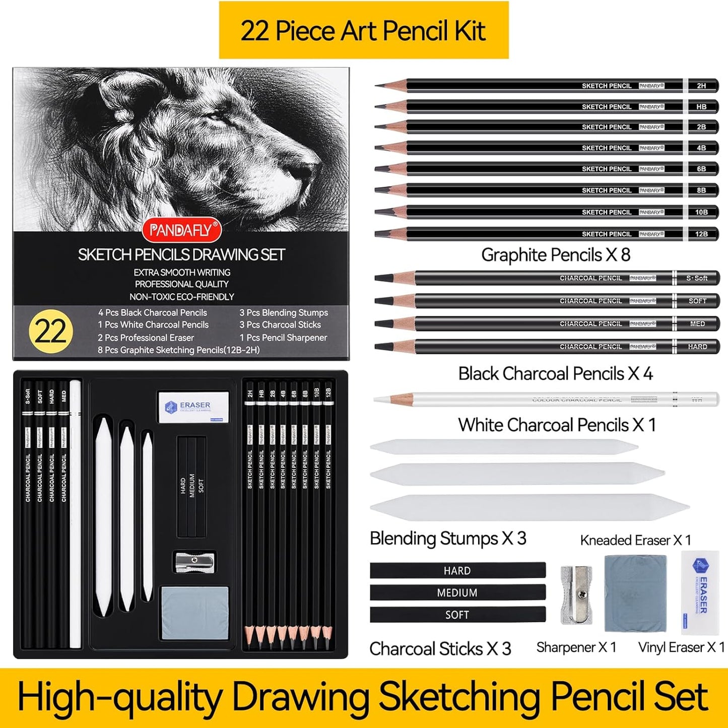 PANDAFLY Drawing Sketching Pencil Set, 22 Piece Pro Art Pencil Kit - Graphite Pencils (12B-2H), Black and White Charcoal Pencils, Charcoal Sticks, Stumps, Eraser, Sharpeners