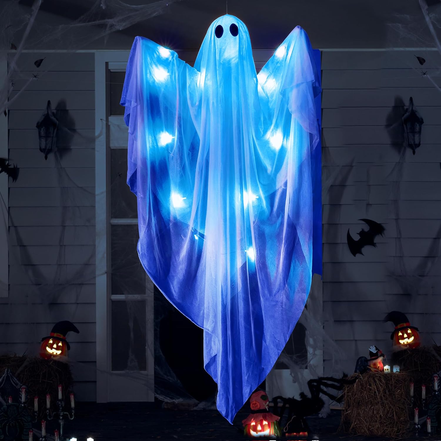 JOYIN Halloween Hanging Light up Ghost with Spooky Blue LED Light, 47” White Ghosts Halloween Hanging Decoration for Front Yard Patio Lawn Garden Party Decor Indoor Outdoor