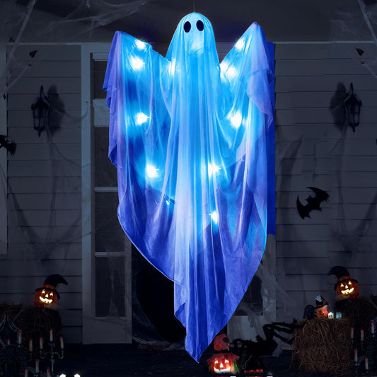 JOYIN Halloween Hanging Light up Ghost with Spooky Blue LED Light, 47” White Ghosts Halloween Hanging Decoration for Front Yard Patio Lawn Garden Party Decor Indoor Outdoor