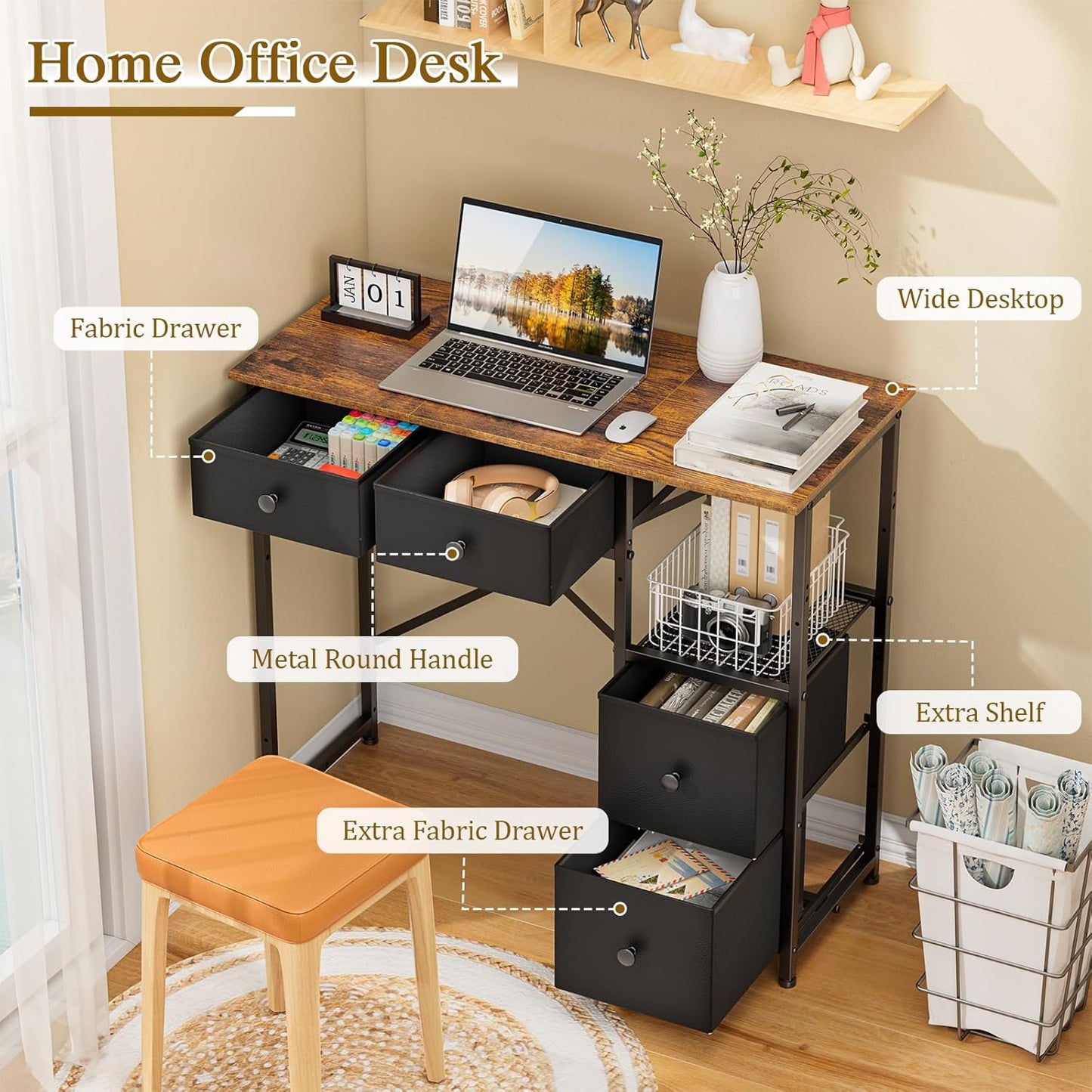 Small Computer Desk with 4 Fabric Drawers, Simple Writing Desk for Home Office, Compact Study Desks for Small Spaces, Kids Desk Study for Bedroom, Rustic Brown