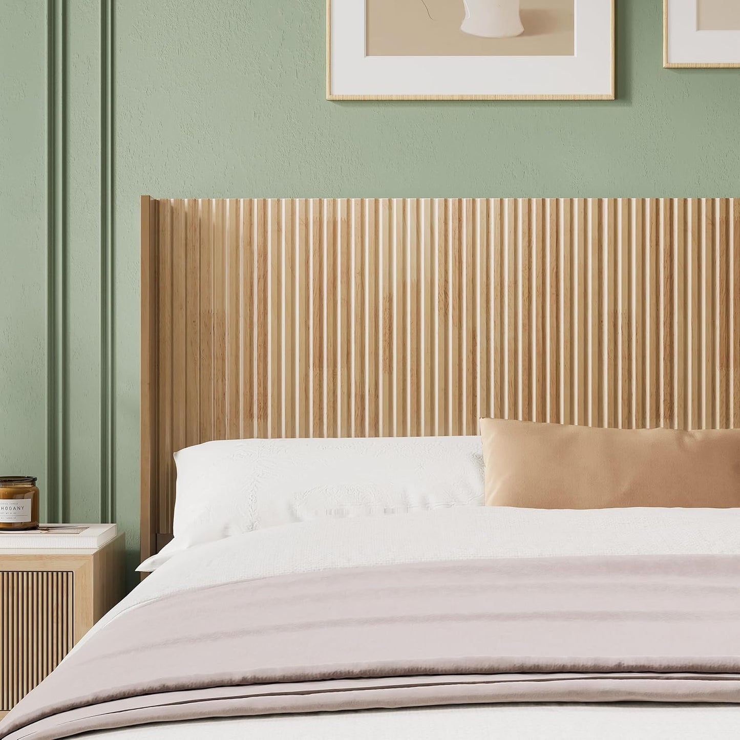 Wood Headboard Queen Size, 64.6" Wide Wooden Queen Headboard Only, Modern Farmhouse Headboards, Wall Mounted Fluted Panel, Wingback Boho Headboards, Natural