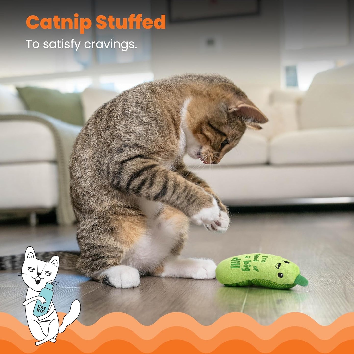 Catstages Crunchy Pickle Kicker Toy with Catnip and Dental Mesh, Pickle Shape, Plush and Crinkle Cat Toy for Kicking, Tossing, and Teeth Cleaning, Green