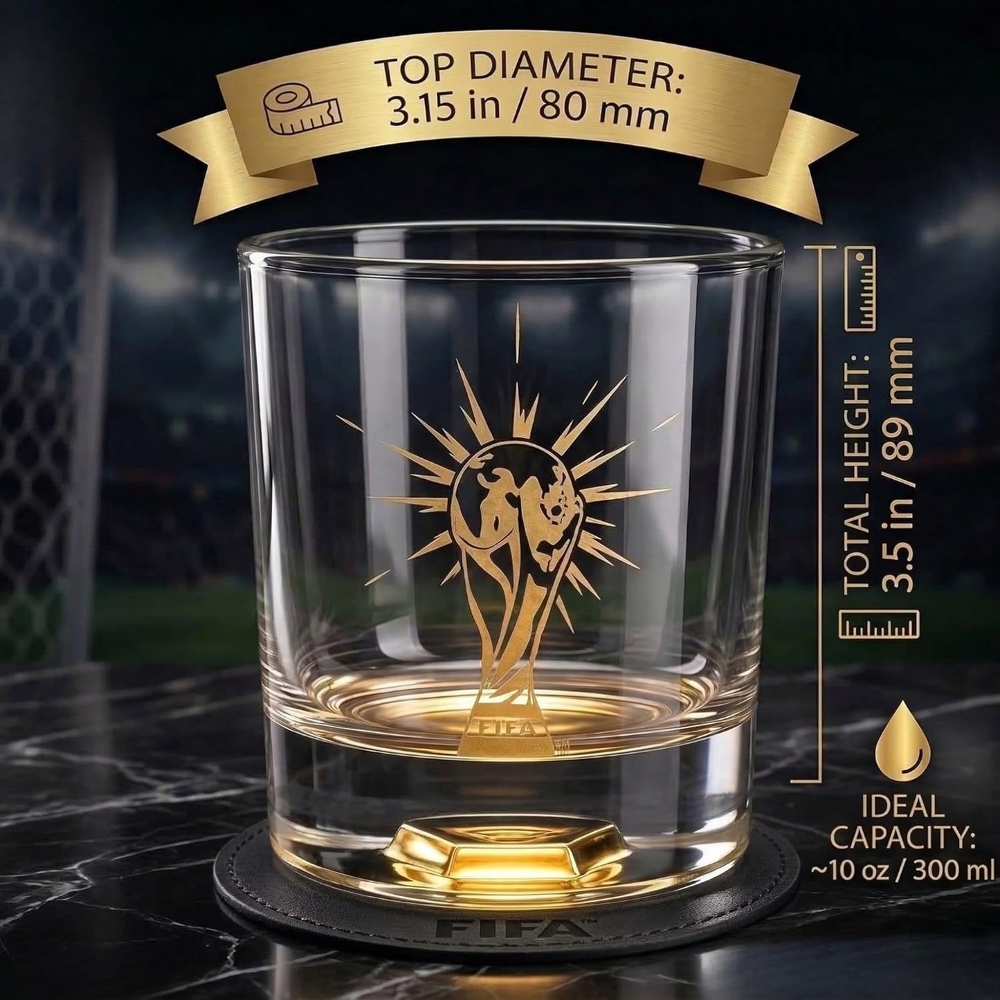 Official FIFA World Cup 2026 Edition - 8oz Whiskey Glass & Leather Coasters Gift Set - 2 of Each - Perfect for Parties, Bars, Tailgates, Mancaves & Gamedays - Once in a Lifetime Drinkware Set