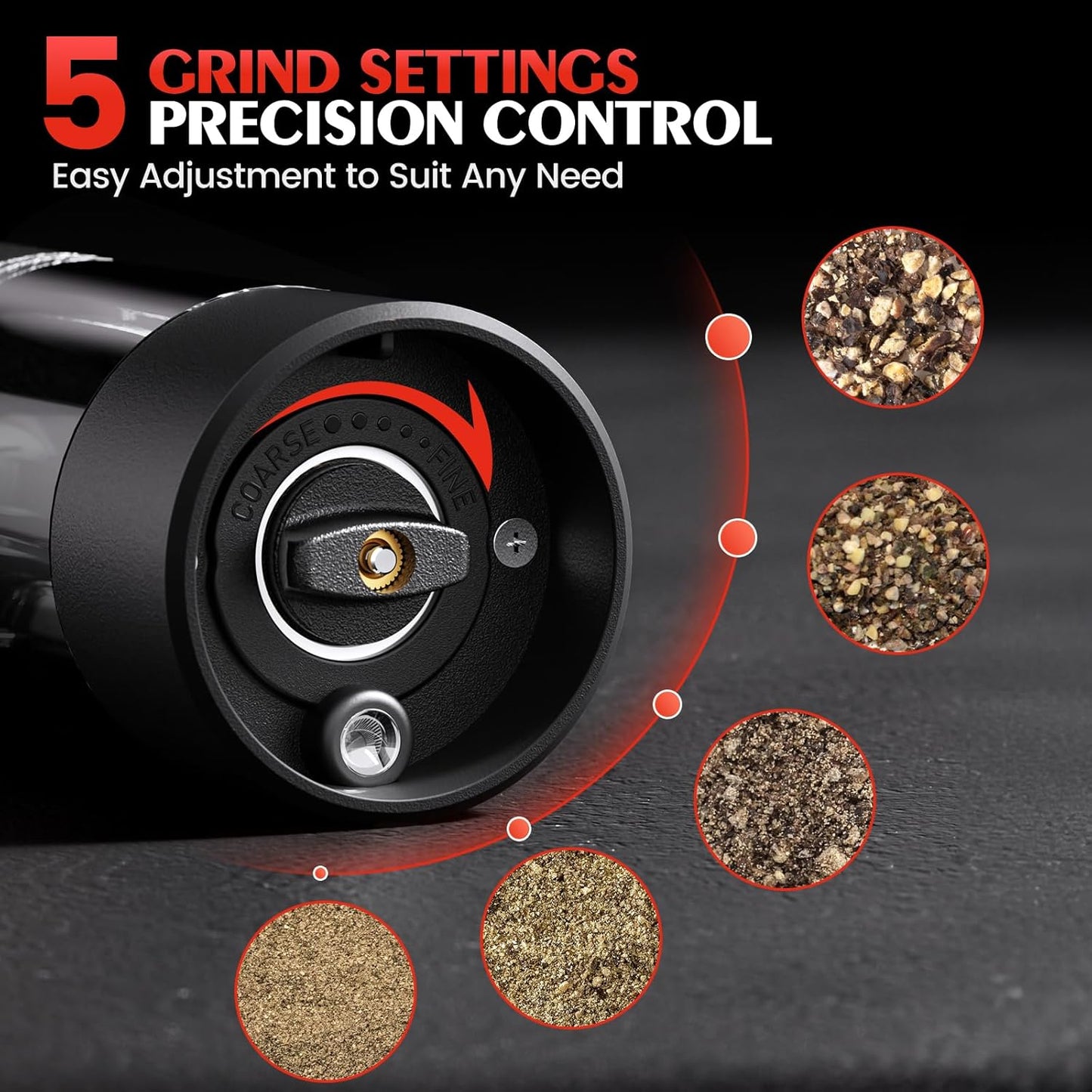 Electric Salt and Pepper Grinder Set Automatic Battery Pepper Mill Shakers Adjustable Coarseness Easy Filling Upgraded Larger Capacity with Led Kitchen Appliances (2 Pack Black/Black）