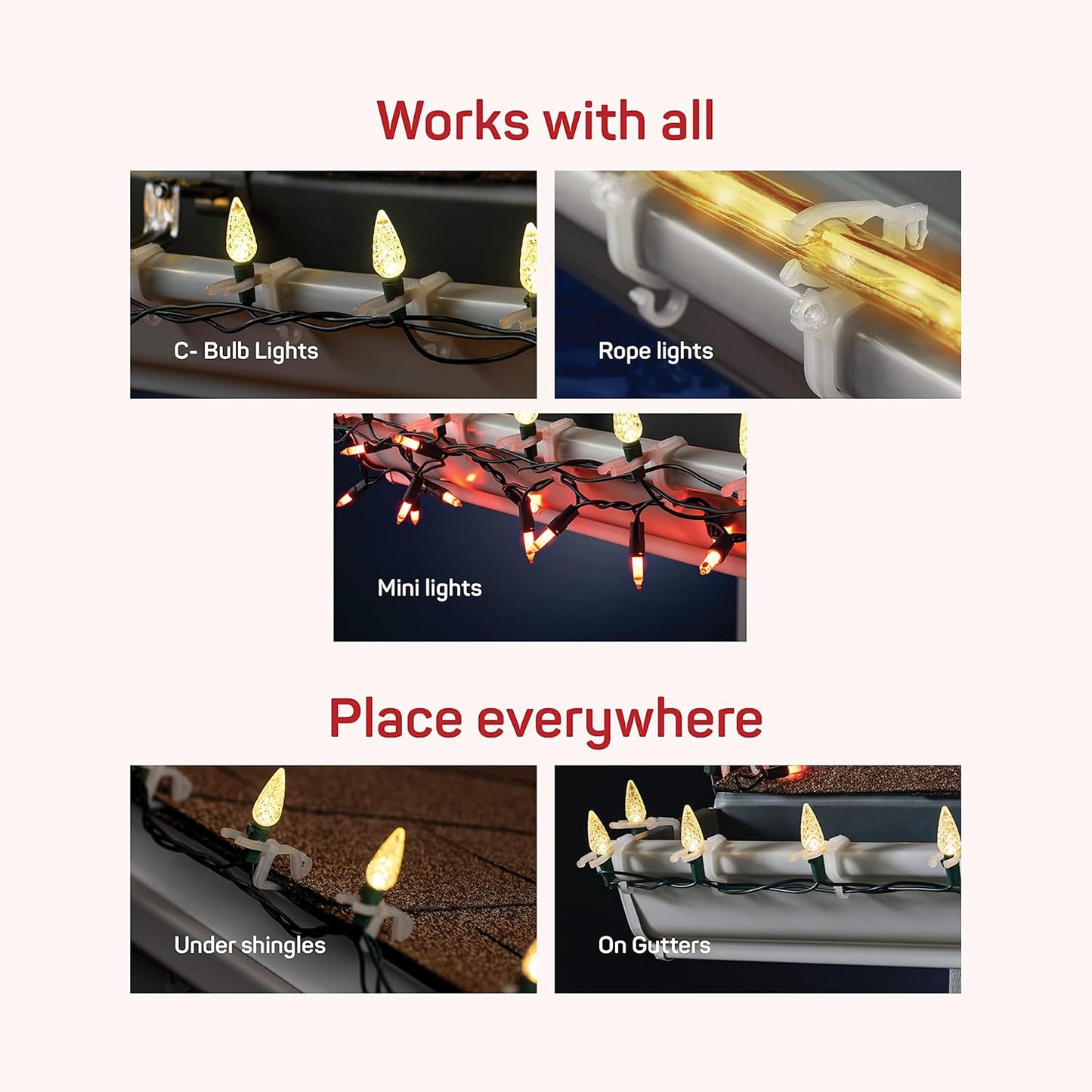 All-Purpose Holiday Light Clips [Set of 200] Christmas Clips, Outdoor Light Clips - Mount to Shingles & gutters - Works with Mini, C6, C7, C9, Rope, Icicle Lights - No Tools Required - USA Made