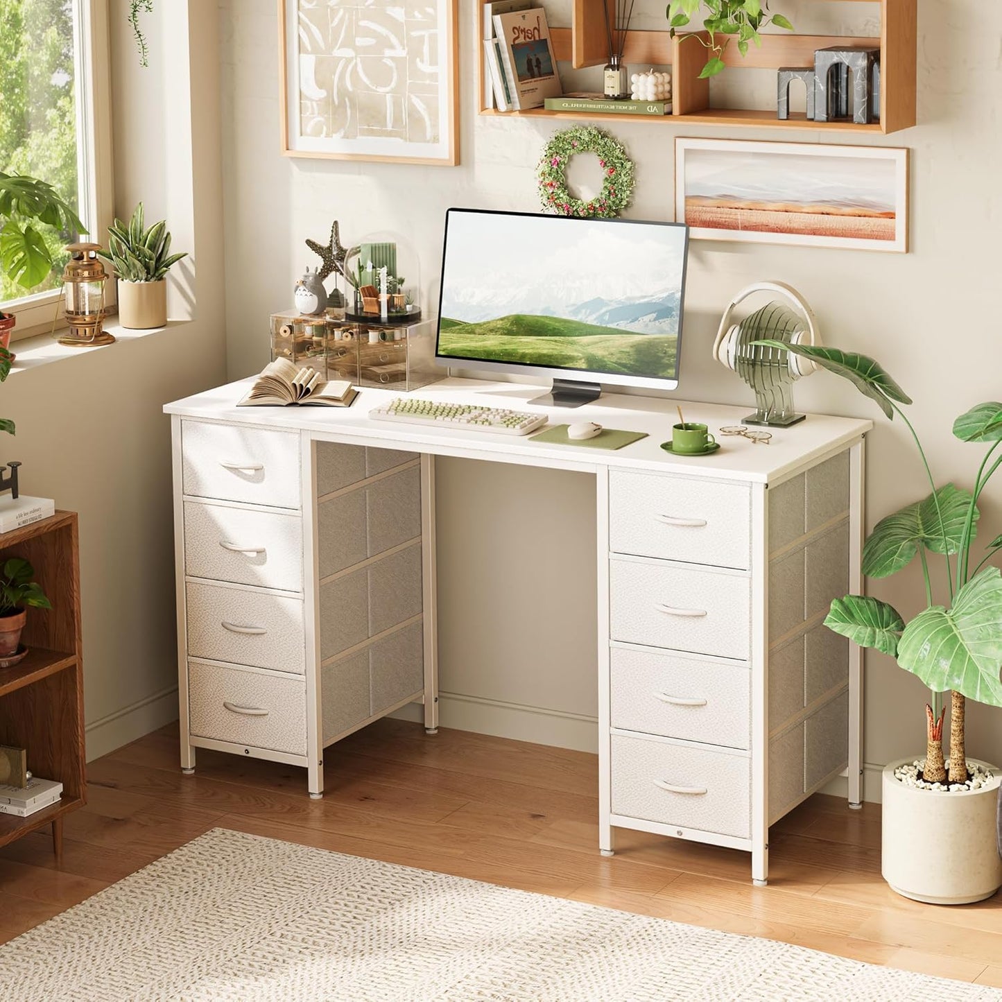 Huuger 47 Inch Vanity Desk with 8 Fabric Drawers, White Desk, Computer Desk with Large Storage, Drawers, for Home Office, Bedroom