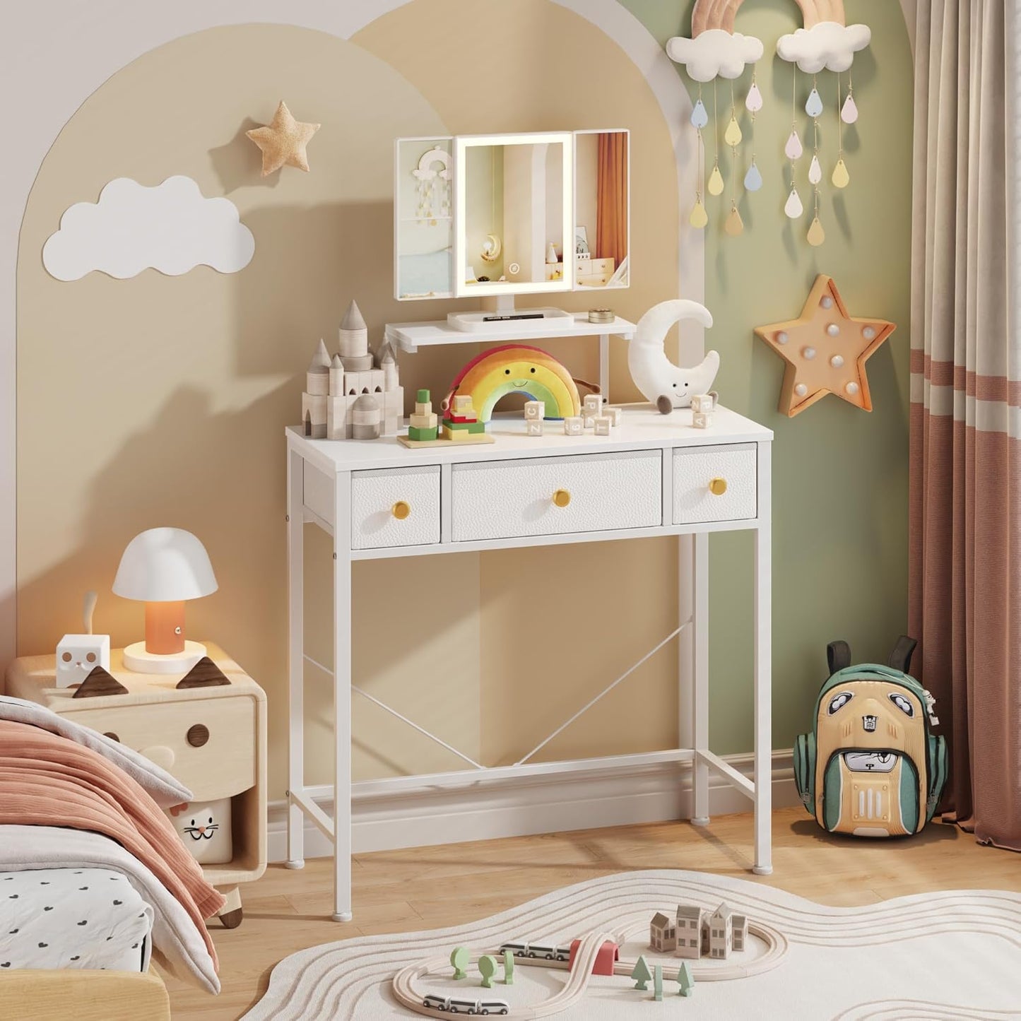 Small Makeup Vanity Desk 27.5''W with Mirror and Lights, Vanity Desk with 3 Fabric Drawers and Height-Adjustable Stand, Vanity Table for Girls Gifts, Bedroom and Small Spaces, White