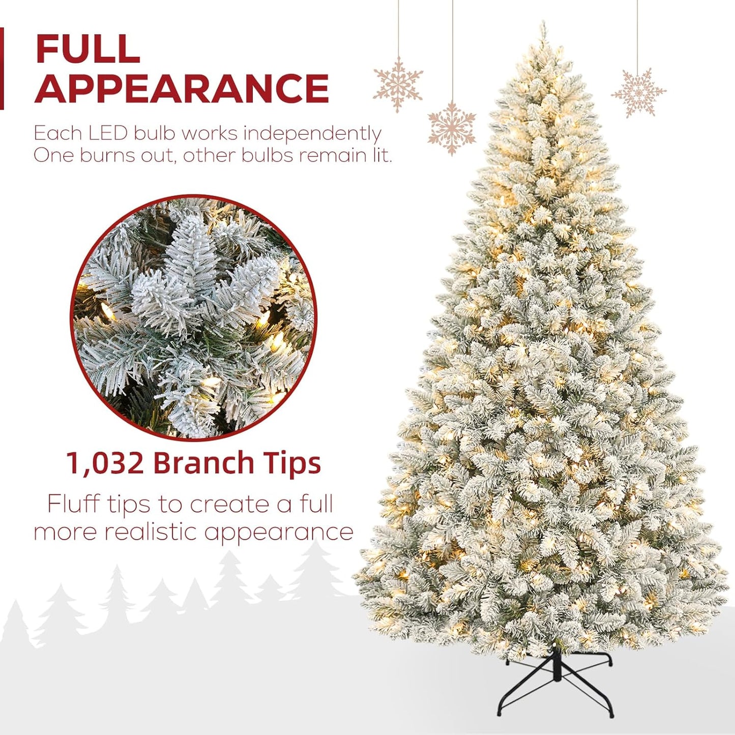 Hykolity 6 ft Prelit Snow Flocked Christmas Tree, Artificial Christmas Tree with 250 Warm White Lights, 1032 Tips, Metal Stand and Hinged Branches