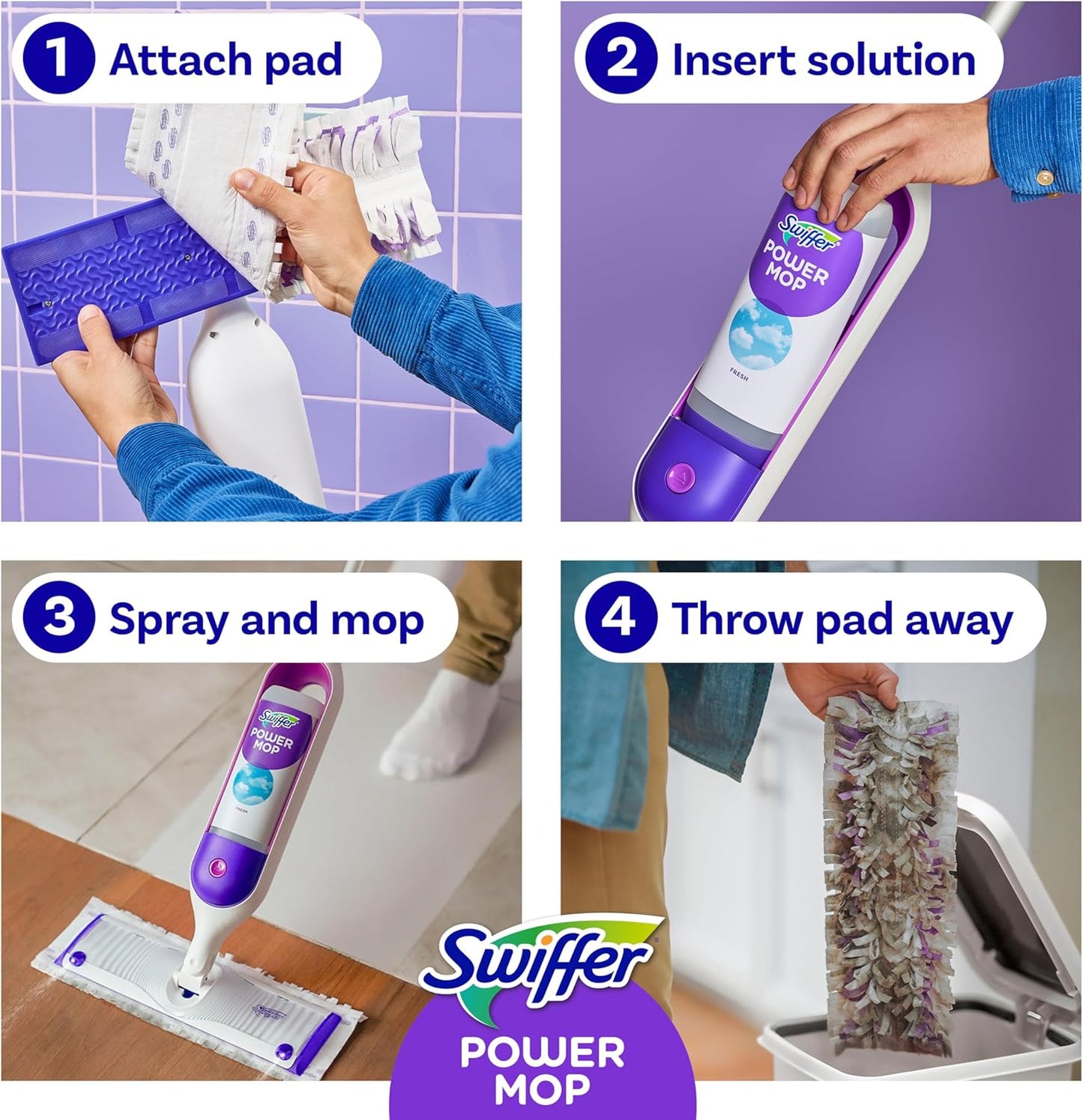 Swiffer PowerMop Multi-Surface Mop Kit for Floor Cleaning, Includes PowerMop, 2 Mopping Pad Refills, 1 Cleaning Solution with Fresh Scent and 2 Batteries