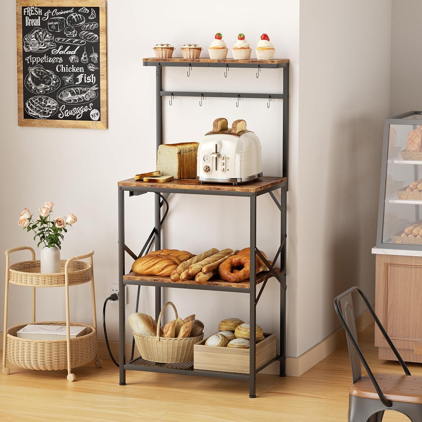 Kitchen Bakers Rack with Power Outlet, Small Coffee Bar Cart 4 Tiers, Microwave Stand Station with 8 S Hooks, Adjustable Shelf, Freestanding Kitchen Appliance Organizer, Rustic Brown