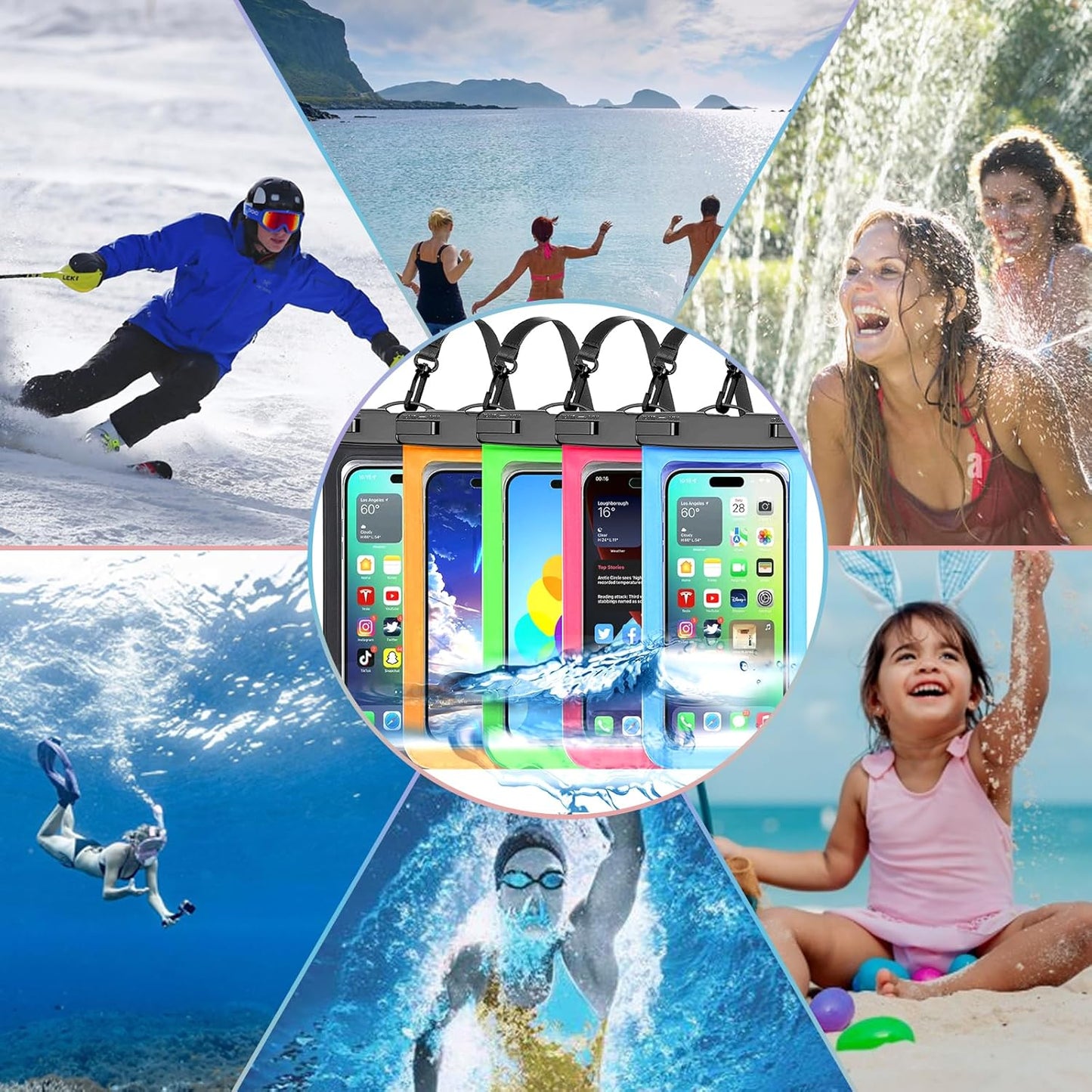 5 Pack Multicolor Universal Waterproof Phone Pouch, Phone Waterproof Case Dry Bag (Protection Level: IP68) Outdoor Sports for Apple iPhone,Samsung,and More(Black,Blue,Pink,Orange,Green)