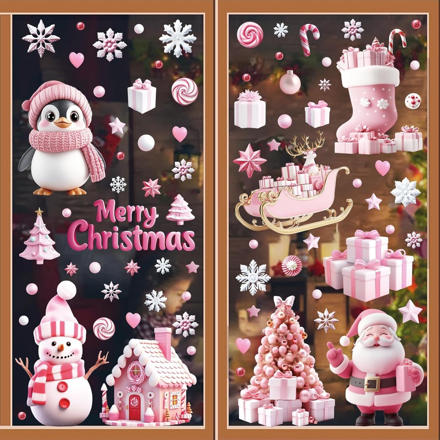 Christmas Window Clings Stickers, 9 Sheets Pink Santa Snowman Penguin Snowflake Christmas Tree Static Decals for Winter Holiday Decoration