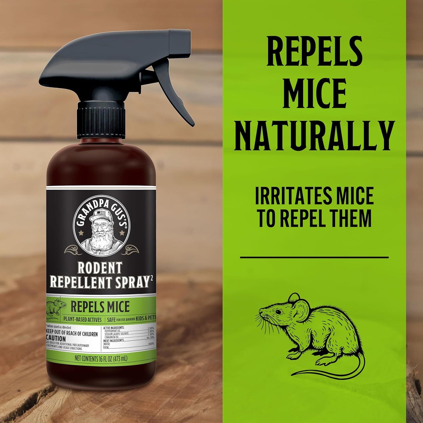 Grandpa Gus's Rodent Repellent Spray, Peppermint & Cinnamon Oil, Prevents Mouse/Rats from Nesting & Chewing on Wires, 16 fl oz (Pack of 1)