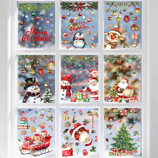 9 Sheets Christmas Window Stickers - Festive Holiday Lights, Santa, Snowman & Reindeer Window Clings, Reusable Christmas Windows Decals for Home Party Decor/Indoor Glass Decoration Festival Decor