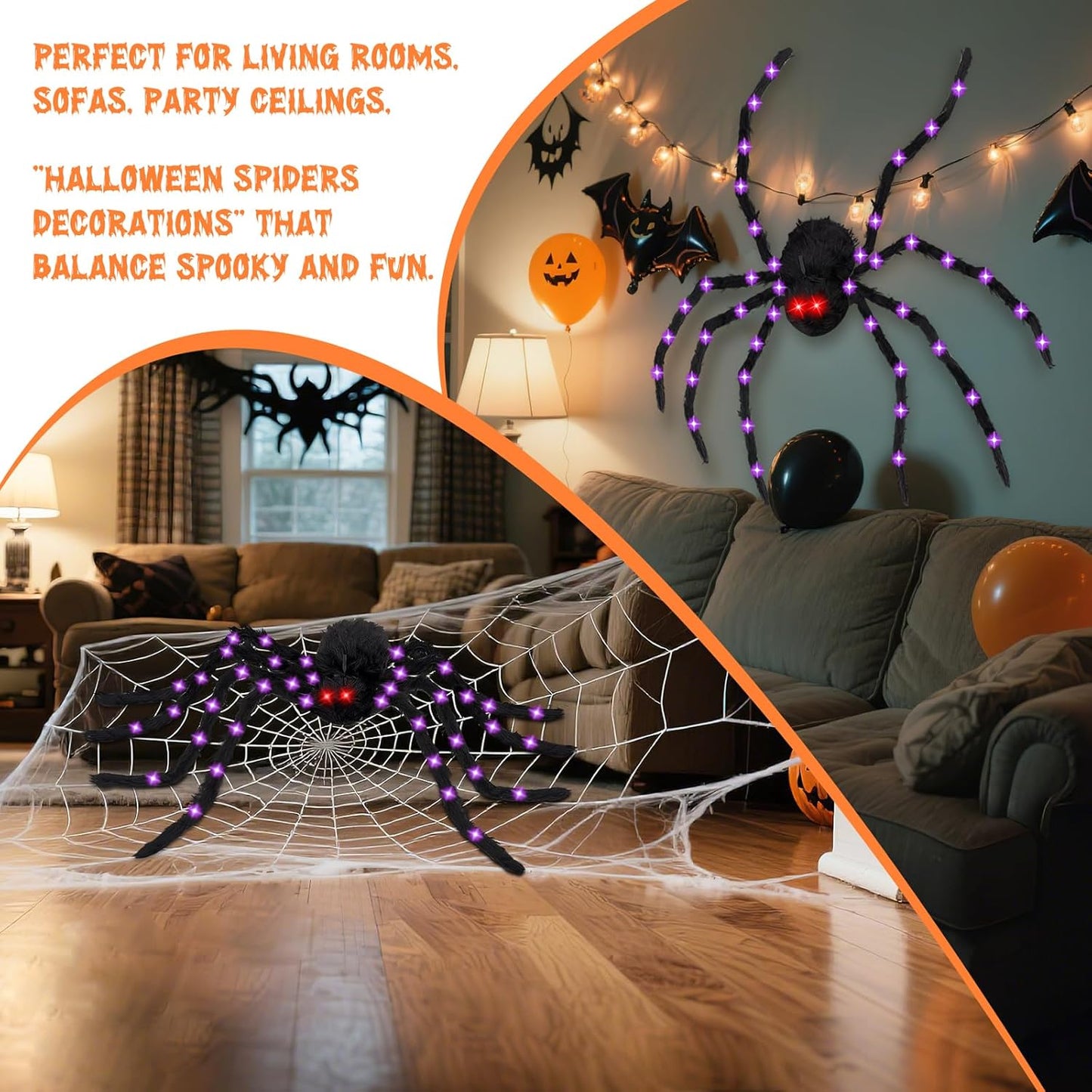 Halloween Decorations Giant Spider - Large Light Up Spider 78IN 44 Purple Lights & 2 Red Eyes, Bendable Metal Legs, 8 Light Modes, Timer - Halloween Decor for Outdoor Yard Party Haunted House