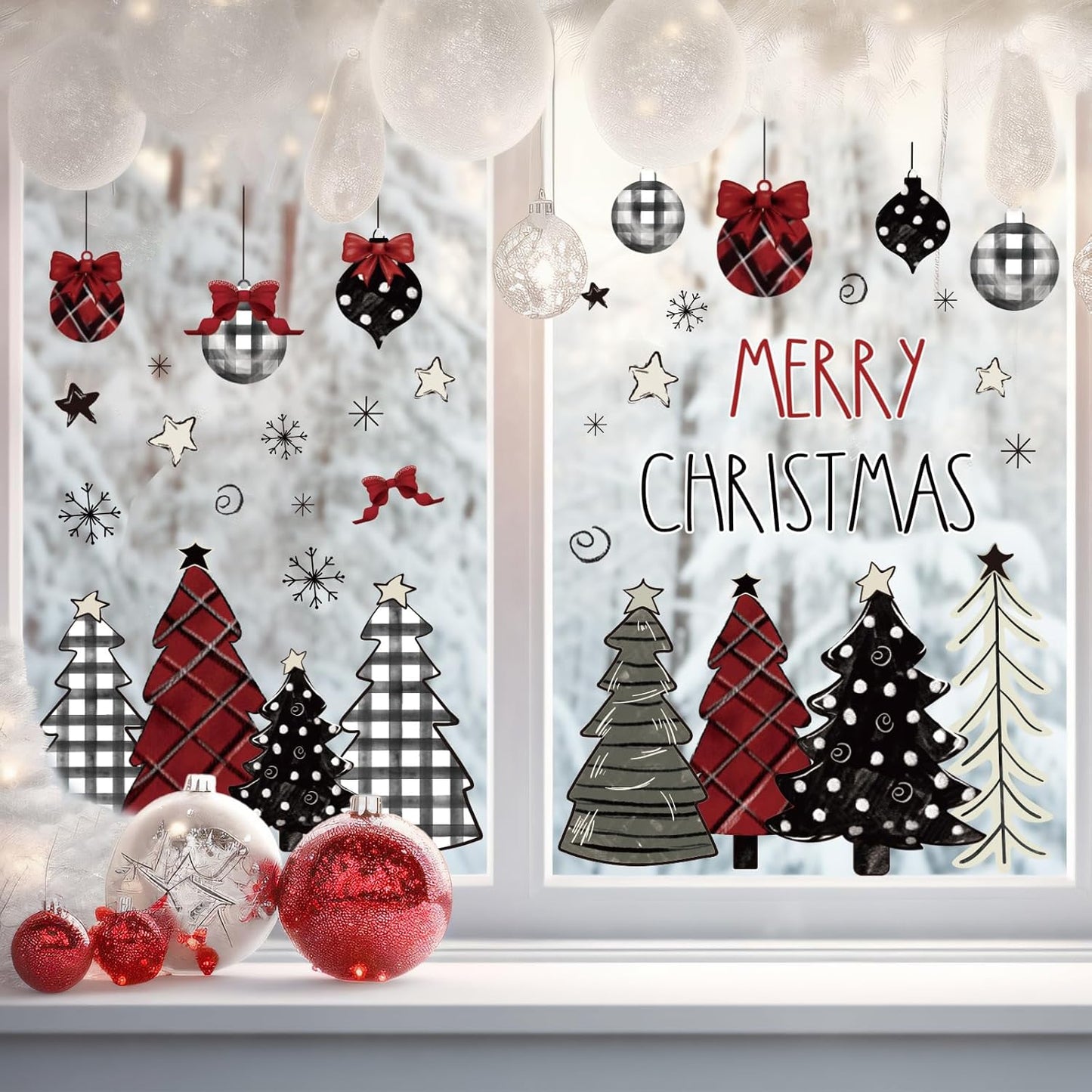 Whaline Merry Christmas Window Clings Red Black Xmas Tree Ball Snowflake Window Stickers Double-Side Plaid Glass Decals for Home Party Supplies, 7.9 x 11.8 Inch, 9 Sheets