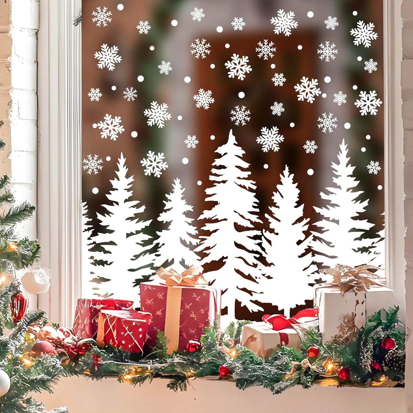 9 Sheets Christmas Window Clings Large Pine Tree Snowflake Window Decals Snowy Xmas Tree Double-Sided Windows Stickers White Winter Forest Trees Windows Decorations for Xmas Party Home Office Glass
