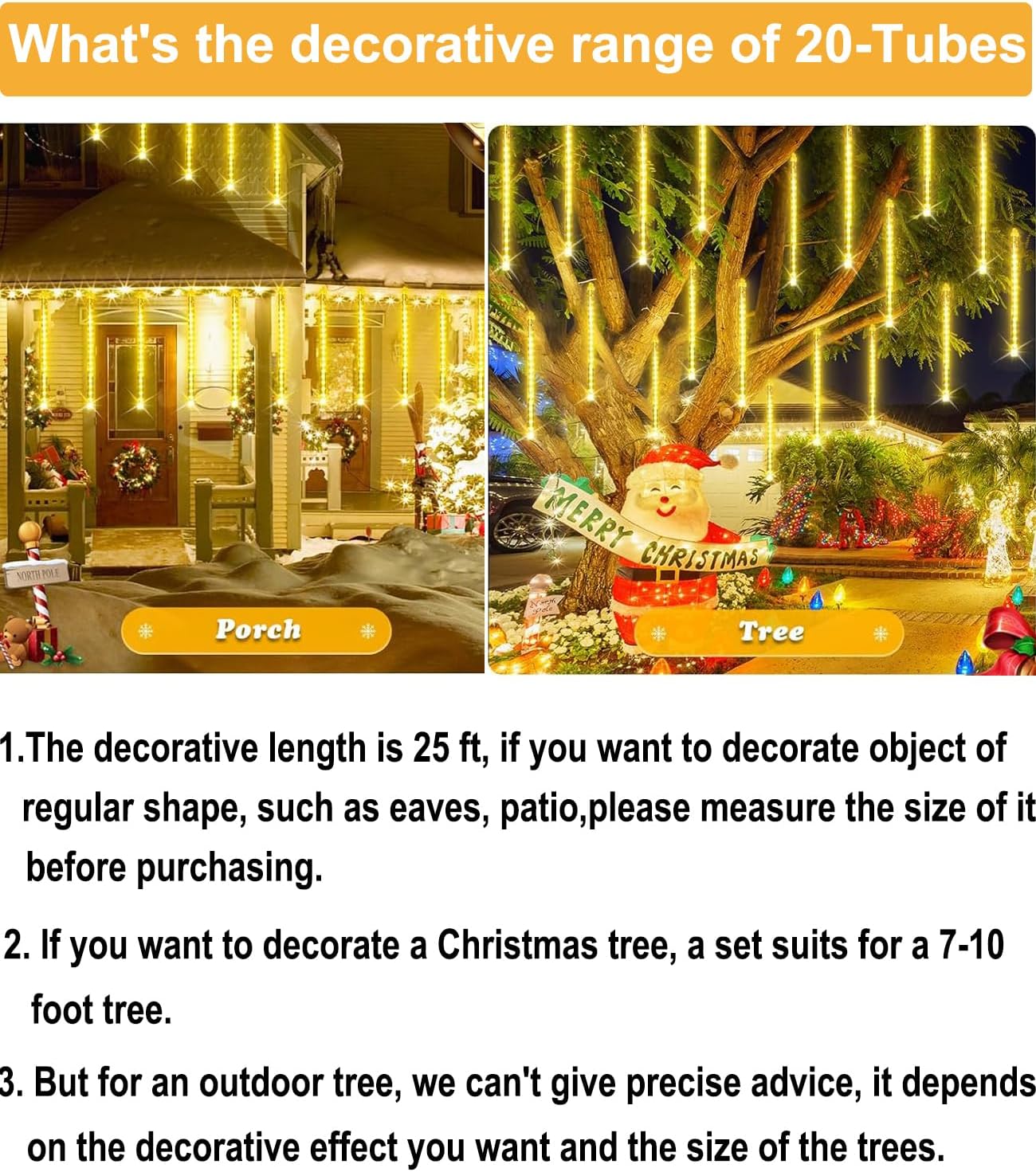 Meteor Shower Lights Outdoor Christmas Light UL Certified 20 Inch 20 Tubes 1080 LED Falling Rain Drop Lamp Snowfall Icicle Cascading String Lights for Xmas Holiday Tree Garden Decor, Warm White