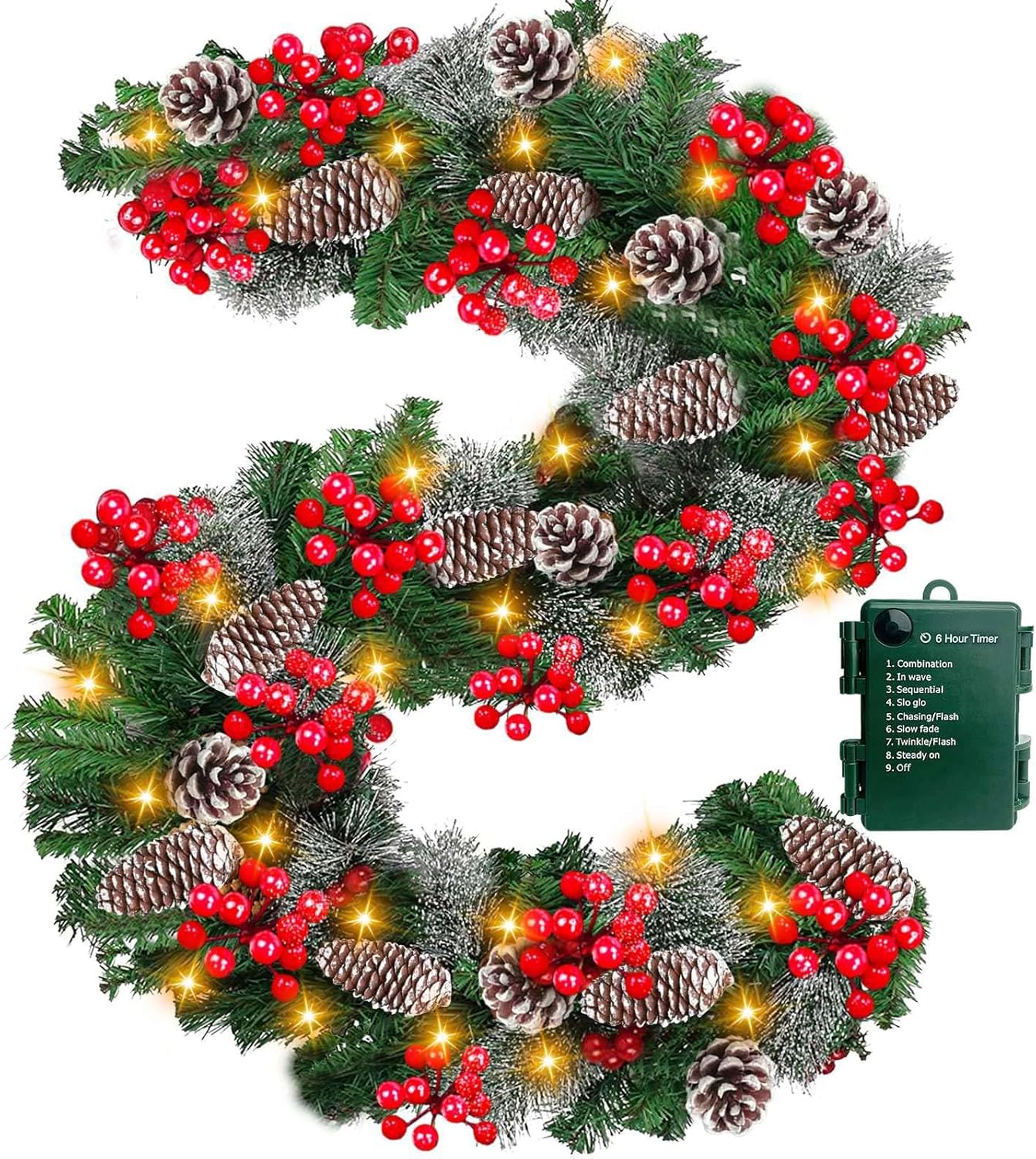 Auto Timer & 8 Modes 9Ft by 10 Inch 50 LED Prelit Christmas Garland Decorations Warm Lights Thick 270 Lifelike Snowy Tips 70 Red Berries 10 Pinecones Xmas Garland Fireplace Door Stairs Home Outdoor