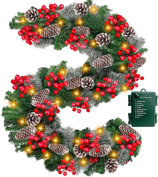 Auto Timer & 8 Modes 9Ft by 10 Inch 50 LED Prelit Christmas Garland Decorations Warm Lights Thick 270 Lifelike Snowy Tips 70 Red Berries 10 Pinecones Xmas Garland Fireplace Door Stairs Home Outdoor