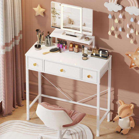 Small Makeup Vanity Desk 27.5''W with Mirror and Lights, Vanity Desk with 3 Fabric Drawers and Height-Adjustable Stand, Vanity Table for Girls Gifts, Bedroom and Small Spaces, White