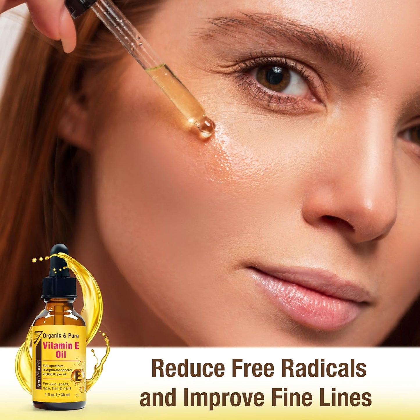 Seven Minerals Ultra Pure Vitamin E Oil - 75,000 I.U. Full-Spectrum D-Alpha Tocopherol, 1 Fl Oz - 100% Organic Vitamin E Oil for Skin, Face, Hair, and Scars - Naturally Occurring = Not Synthetic