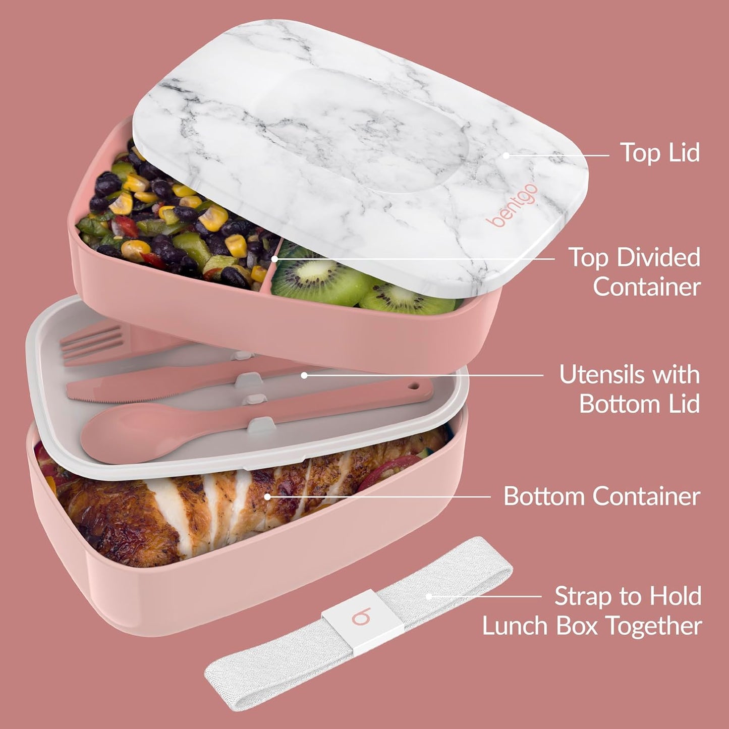 Bentgo Classic - Adult Bento Box, Stackable 3-Compartment Lunch Box with Removable Utensil Set and Sealing Strap, BPA-Free, Food Container Ideal for Meal Prep, Work, and On the Go (Blush Marble)