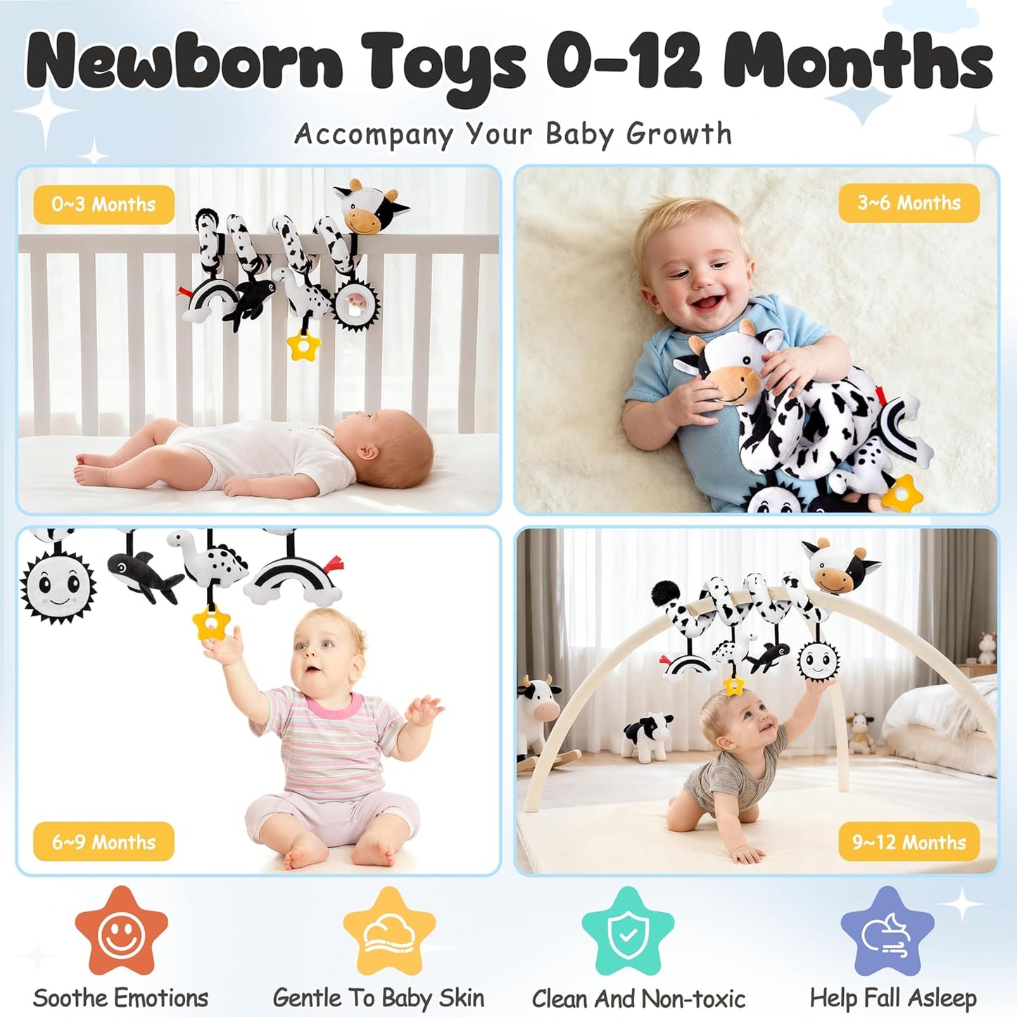 Spiral Car Seat Baby Toys 0-6 Months, Infant Carseat High Contrast Sensory Toys Hanging Stroller Accessories, Newborn Shower Gifts for Baby Boys Essentials Stuff, Cute Black and White Cow
