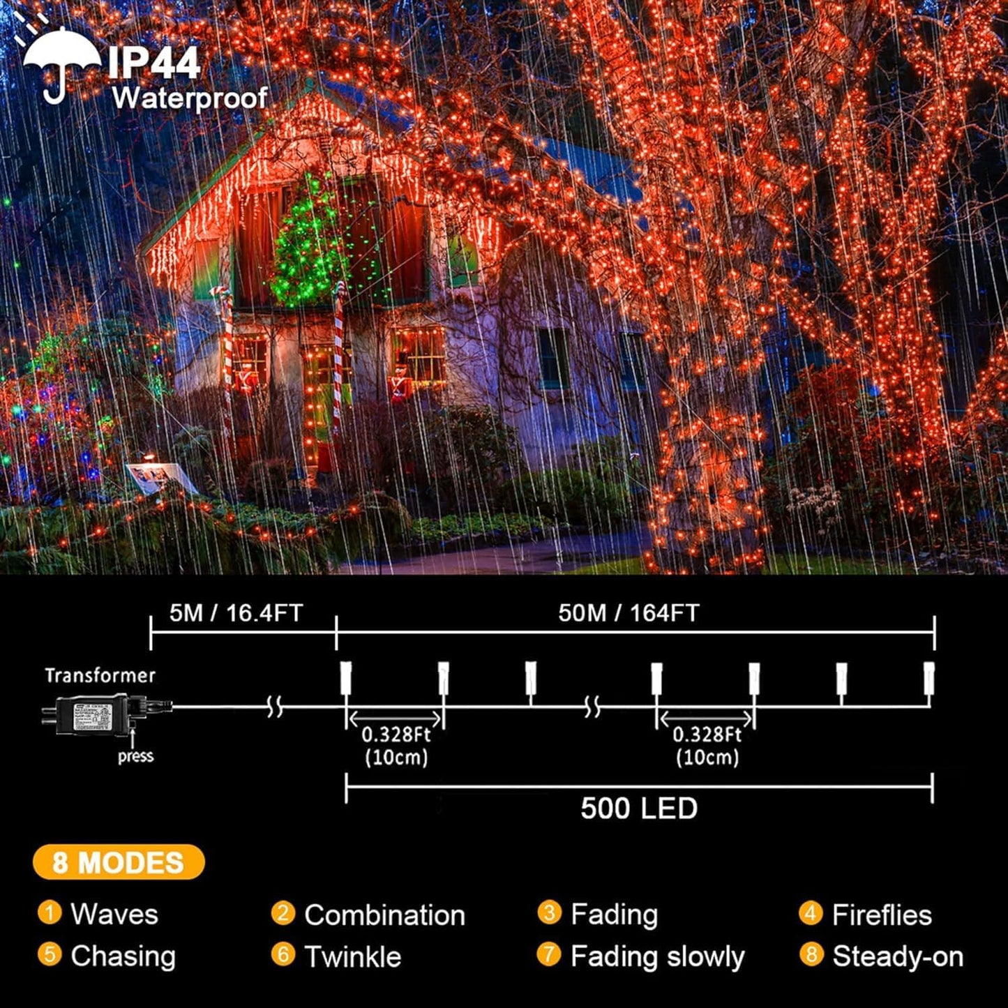 kemooie 500 LED Orange Halloween Lights, 164FT 8 Lighting Modes Plug in Waterproof Extra Long Fairy Light for Outdoor Tree Wedding Party Garden Balcony Halloween Decorations (Orange)