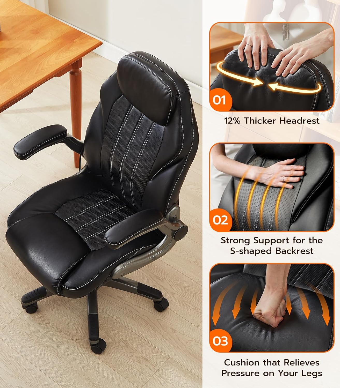 Office Desk Chair, Ergonomic Computer Chair with Padded Flip-Up Arms and Adjustable Lumbar Support, PU Leather Executive Chair with Tilt Lock and 360° Swivel Rolling Wheels for Work, Study