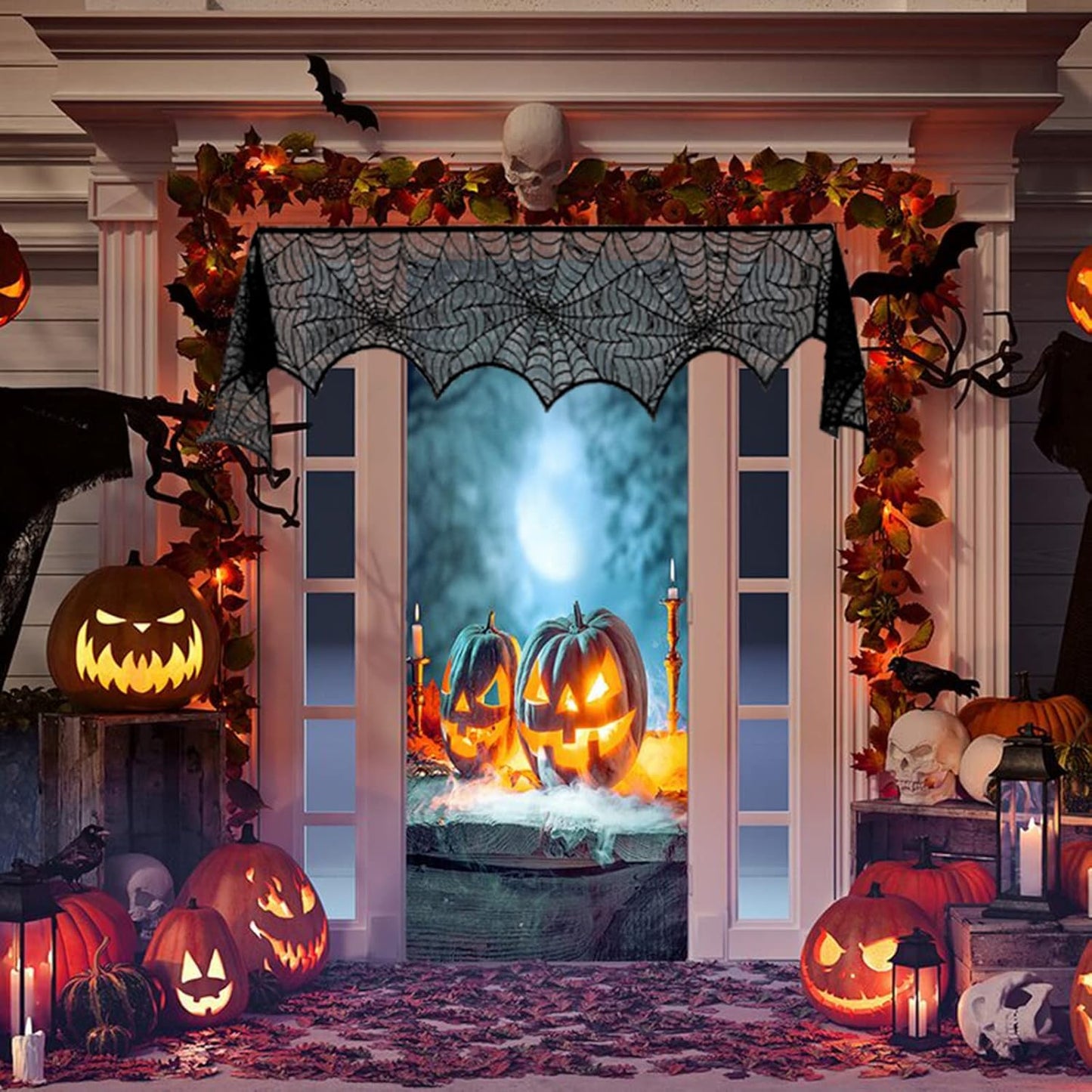 Halloween Fireplace Mantle Decorations, Black Lace Spiderweb Fireplace Mantel Scarf Cover Garland for Festive Party Supplies Decor 18 x 98 inch (Black)