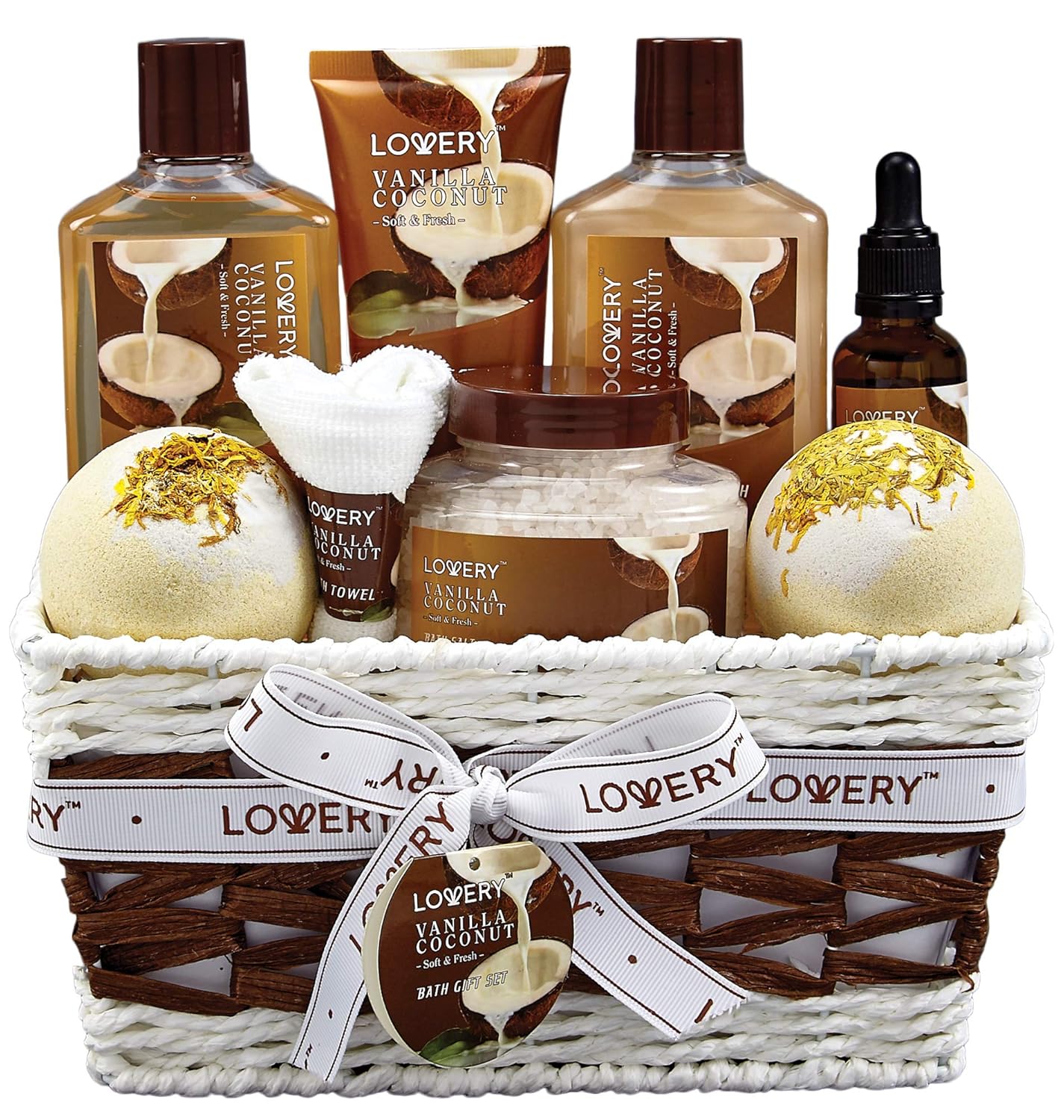Gifts For Women Gift Basket for Women– 9 Piece Set of Vanilla Coconut Home Spa Set, Luxurious Valentines Day Gifts for Her, Bath and Body Sets Includes Fragrant Lotions, Large Bath Bombs, Coconut Oil