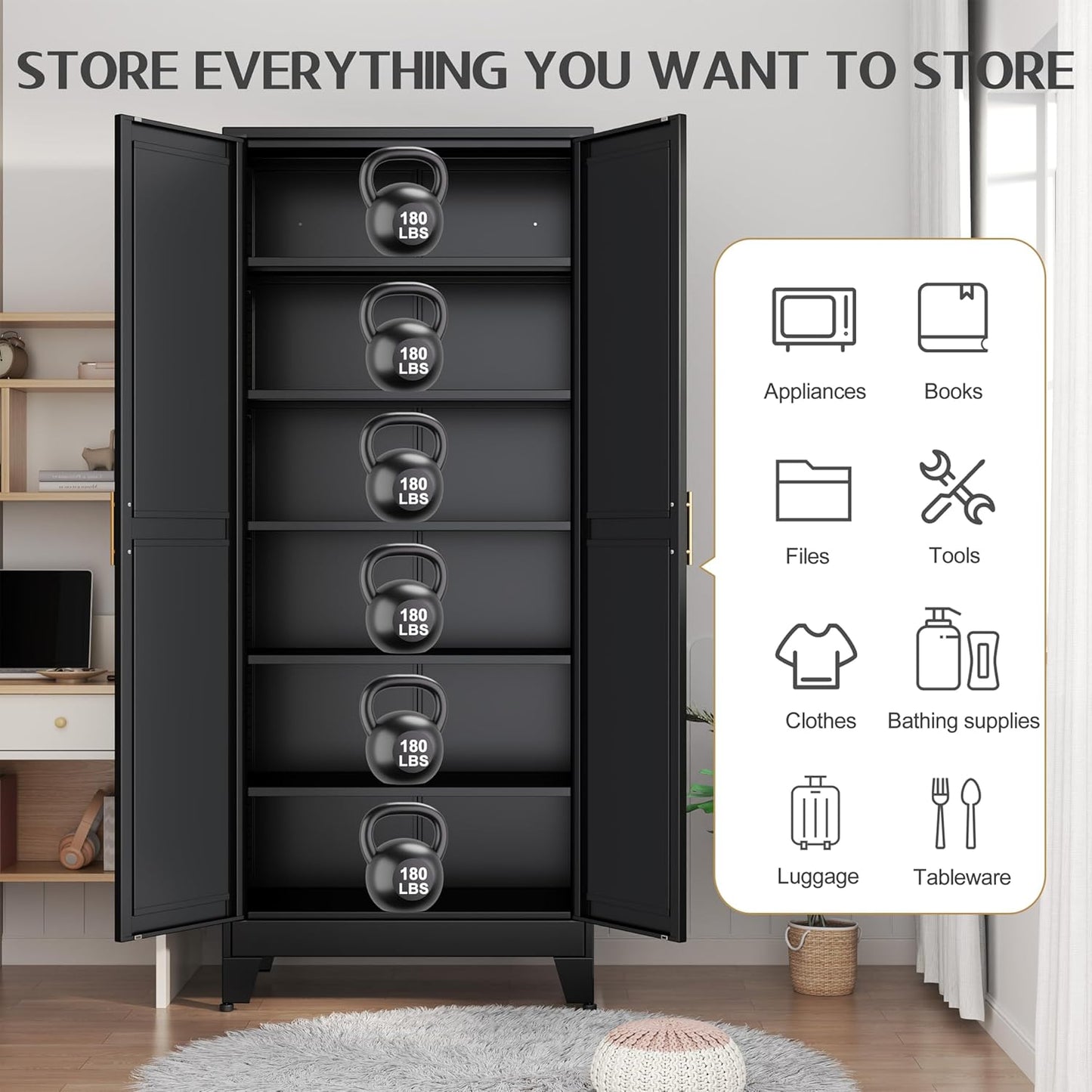 75.2" Tall Storage Cabinet, Pantry Storage Cabinets with 2 Door and 5 Adjustable Shelves, Black Kitchen Food Cabinet, Metal Utility Cabinets for Kitchen, Dinning Room, Laundry Room
