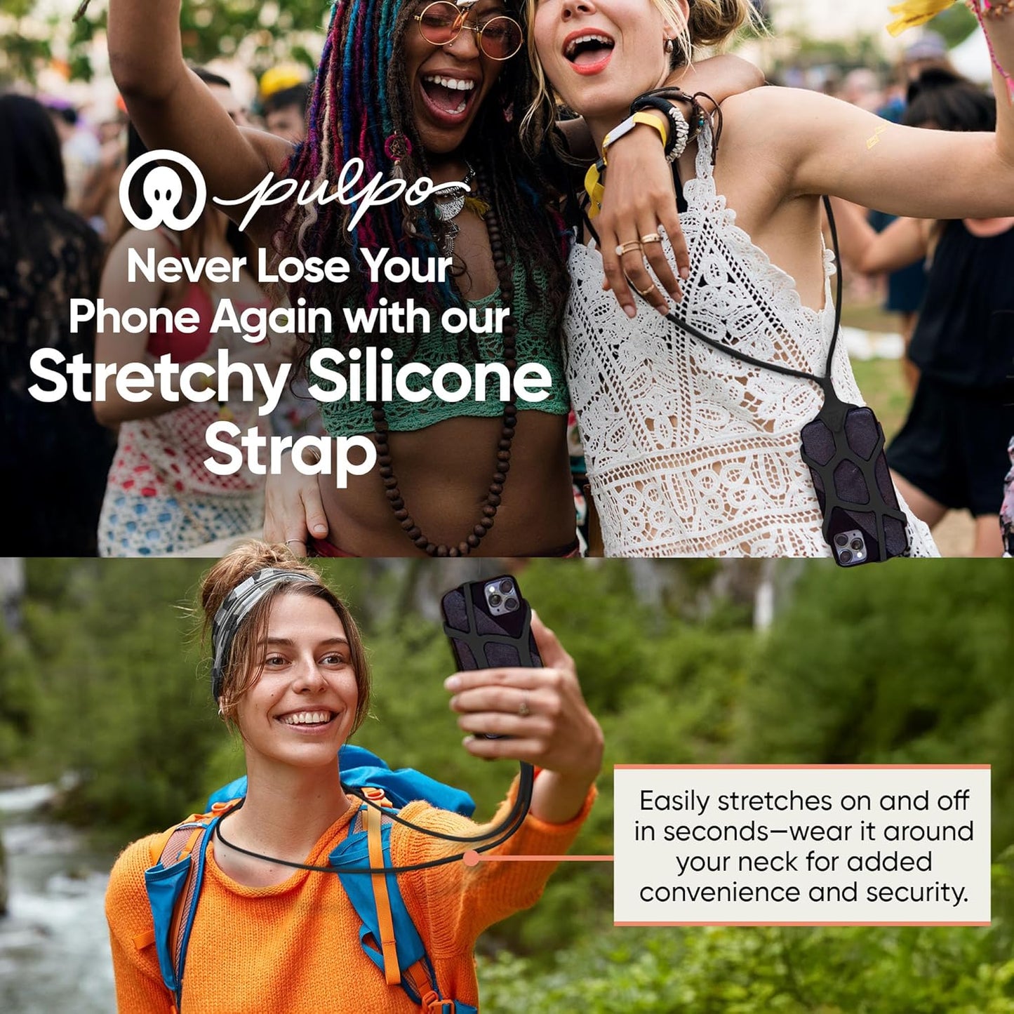 Pulpo Safety Cell Phone Lanyard Black Fits Smartphones 6.1" to 6.8” - Anti Theft Phone Strap for Men & Women, Lanyards for Phones, Hiking Phone Holder & Cellphone Lanyard, Silicone Crossbody Straps