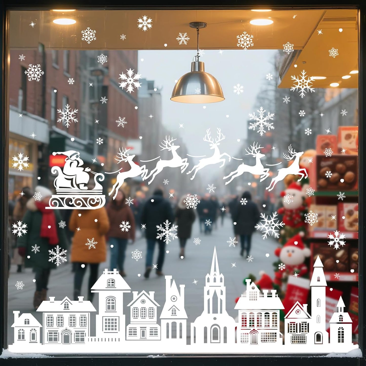 Christmas Window Clings 146Pcs Christmas Window Stickers Double-Sided White House Xmas Window Clings for Glass Decoration Snowman Snowflake Self Adhesive Windows Decals for Christma Holiday Party