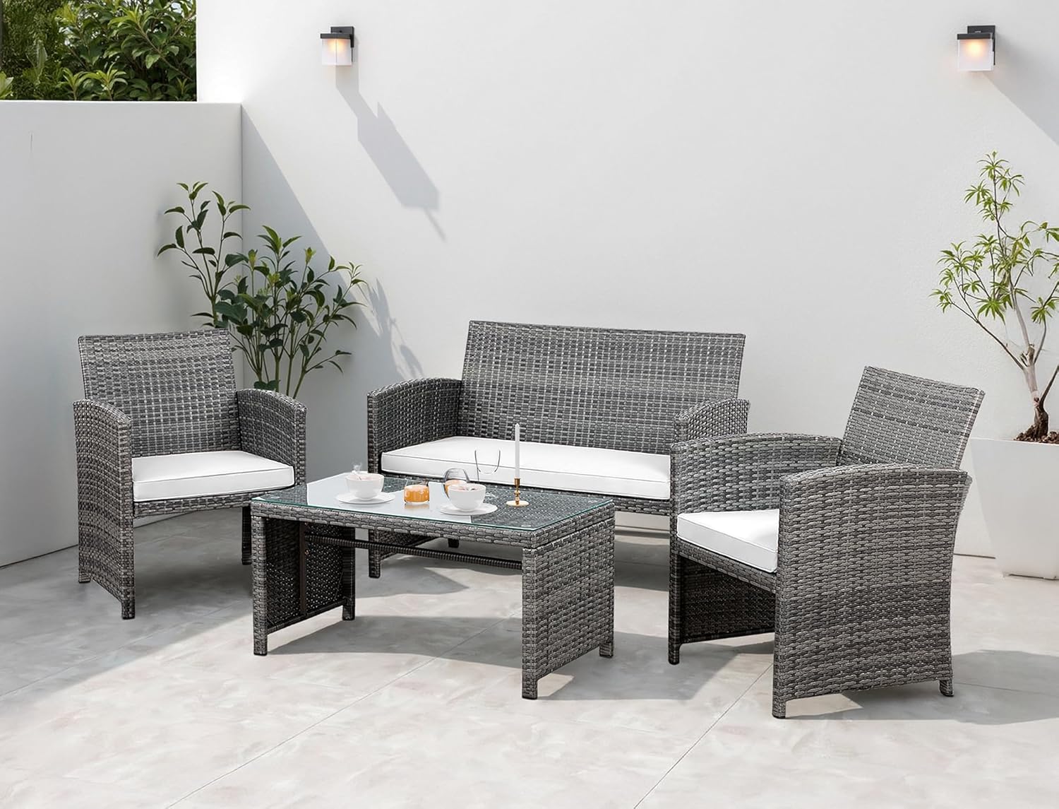 Shintenchi 4 Piece Patio Ratten Set Outdoor Furniture Set Wicker Conversation Set with Cushions and Tempered Glass Tabletop,Beige