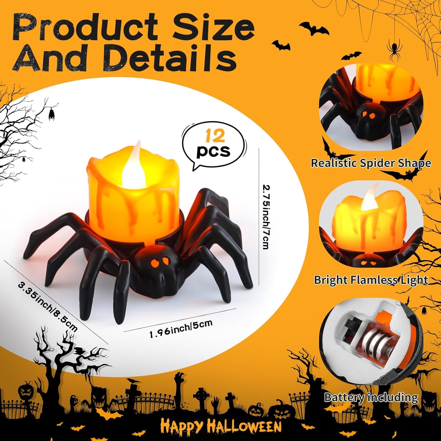 12 Packs Halloween Spider Lights,Bright Novelty LED Flameless Spider Candle Tea Lights,Battery Operated Orange Halloween Decor Lights for Halloween Holiday Party Home Spooky Decor