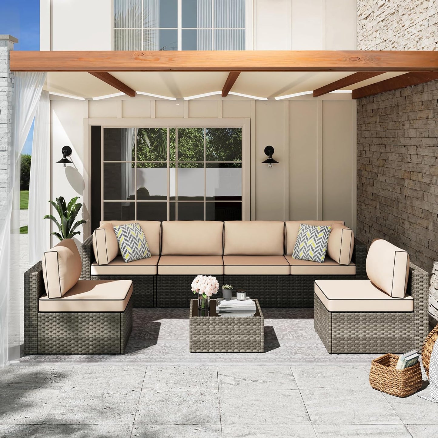 Shintenchi 7 Pieces Outdoor Patio Sectional Sofa Couch, Wicker Furniture Patio Conversation Sets with Washable Cushions & Coffee Table for Garden, Poolside, Backyard