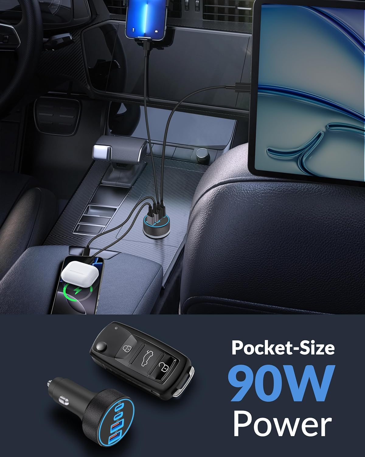4 in 1 USB C Car Charger, 4-Port 90W Super Fast Charging Cigarette Lighter Adapter, Dual 45W USBC & USB-A Multiport Car Phone Charger Accessories for iPhone 17 16 15 14 13 12, iPad, Galaxy, Tablet