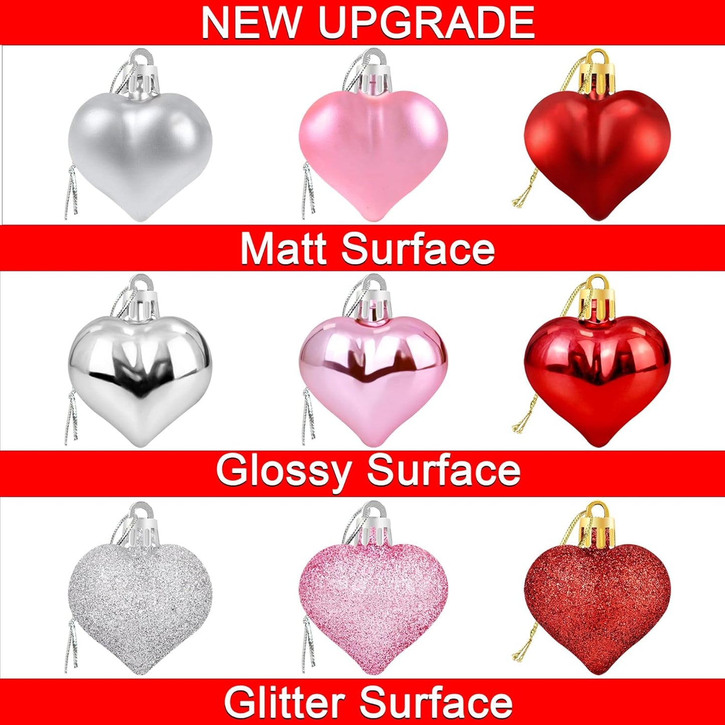 36Pcs Valentines Heart Shaped Ornaments - Valentines Heart Decorations - Red Pink Silver Glitter Heart Shaped Baubles - Romantic Christmas Valentines Tree Hanging Decorations