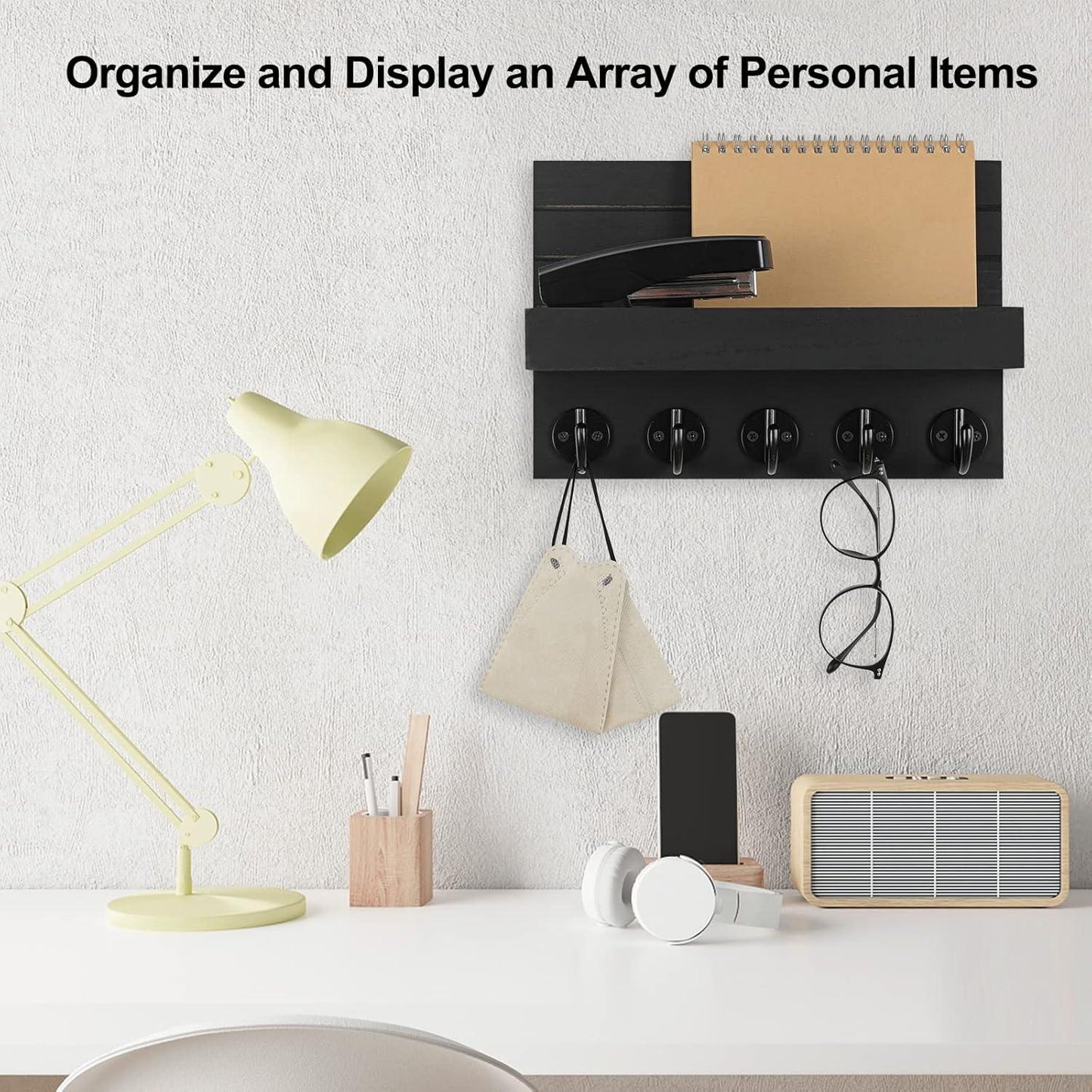 Wall Key Holder with Shelf, Hooks for Bags & Coats, Paulownia Wood, 9.8 x 6.7 x 4.2 - Cart Shape